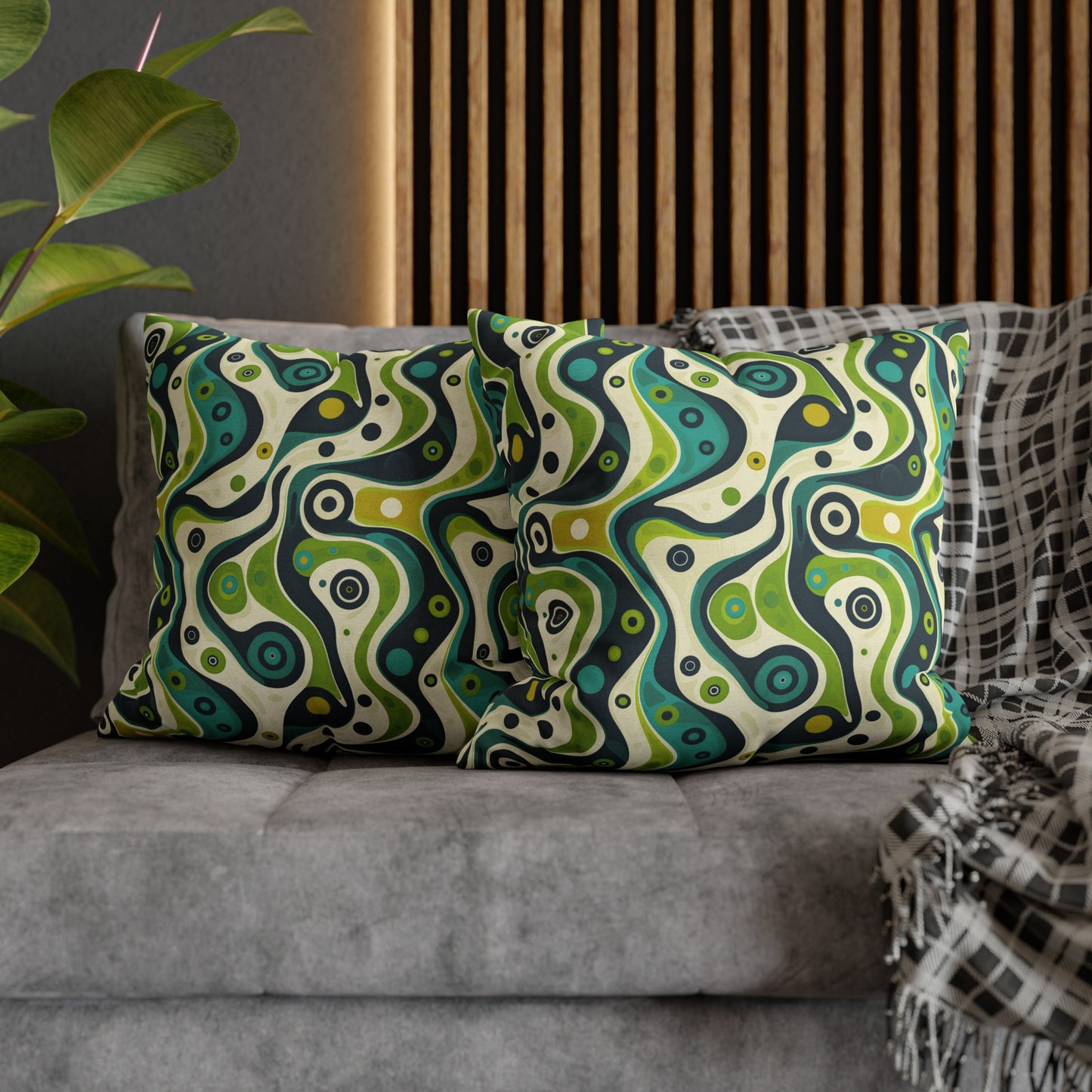 Groovy Retro Greens and Blues Abstract Waves Spun Polyester Square Pillowcase 4 Sizes