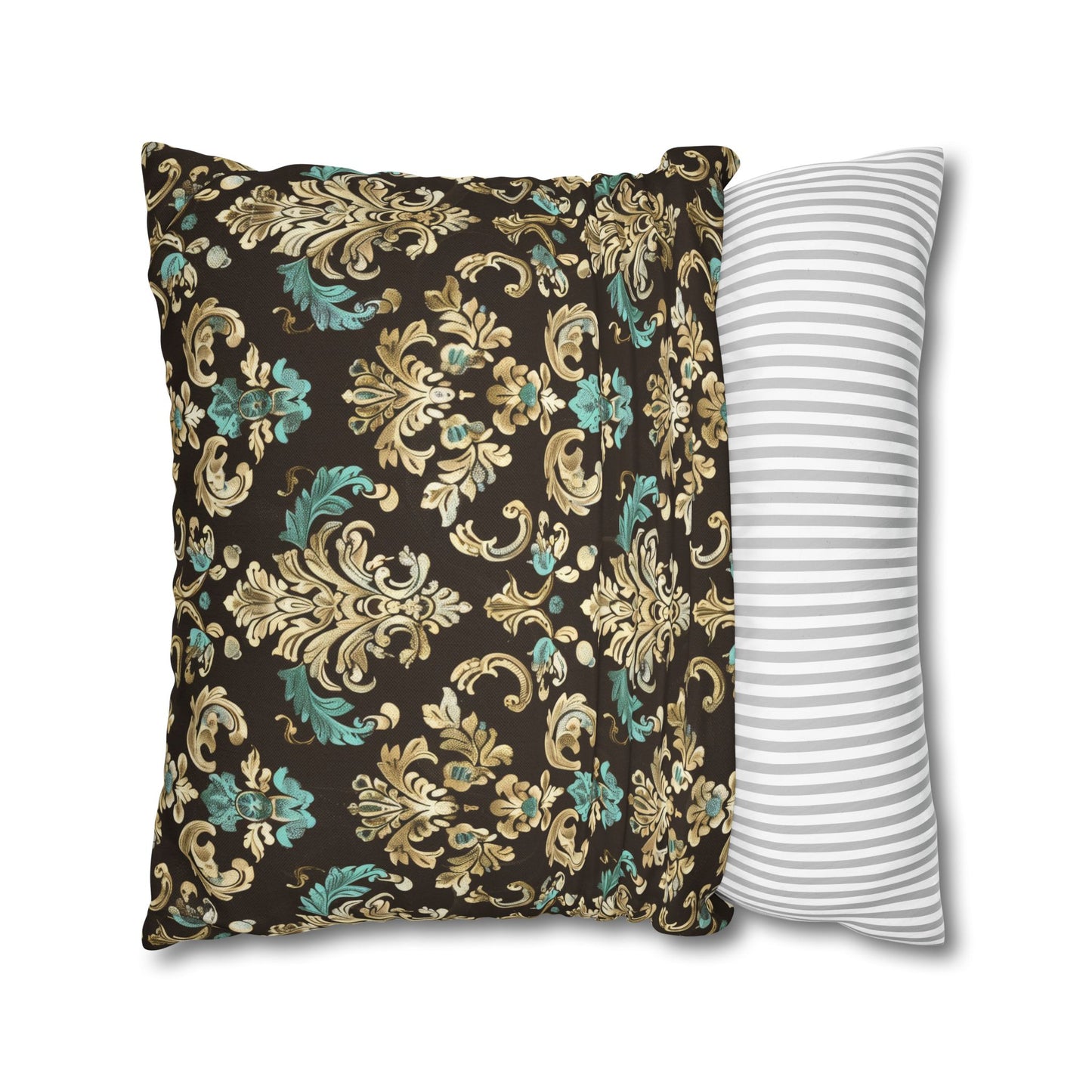 Luxurious Rococo Pattern of Ornate Brown and Teal Floral Scroll Design Spun Polyester Square Pillowcase 4 Sizes