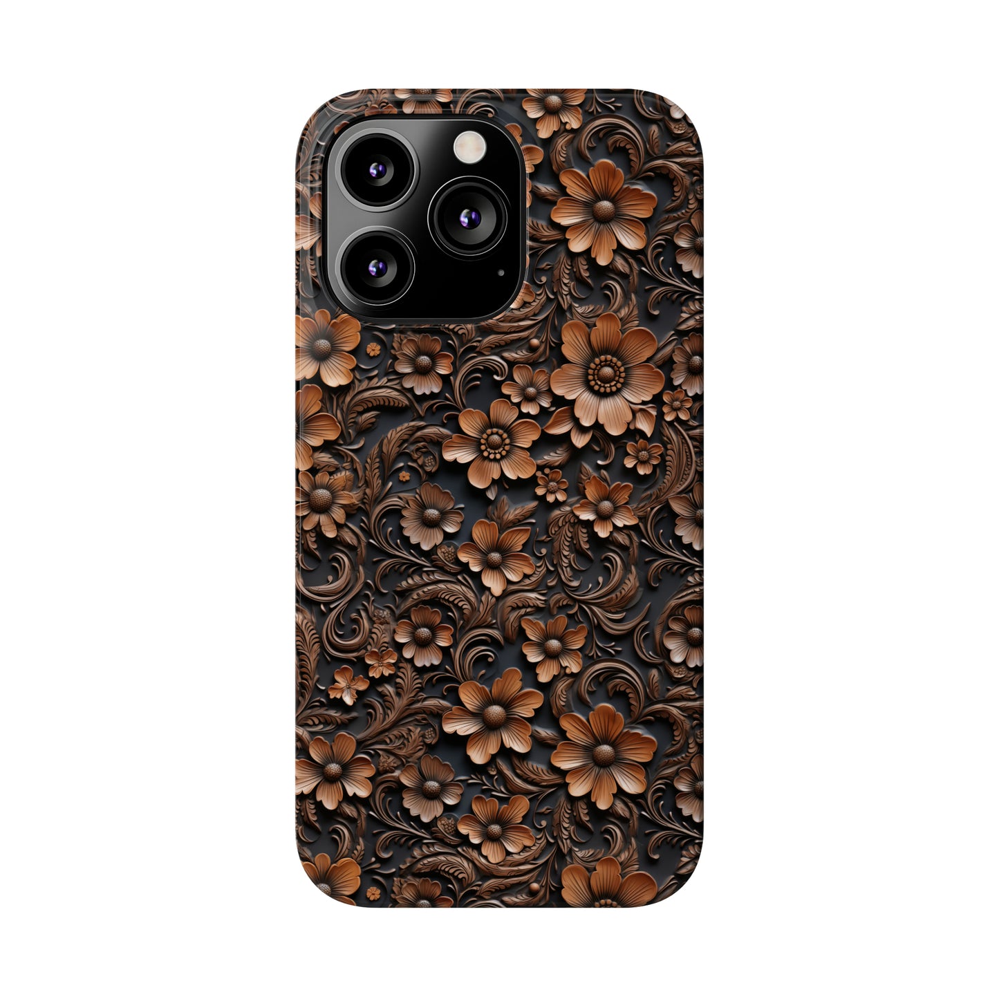 Tooled Deep Brown Leather Flowers Print Design Iphone 15-12 Slim Phone Case