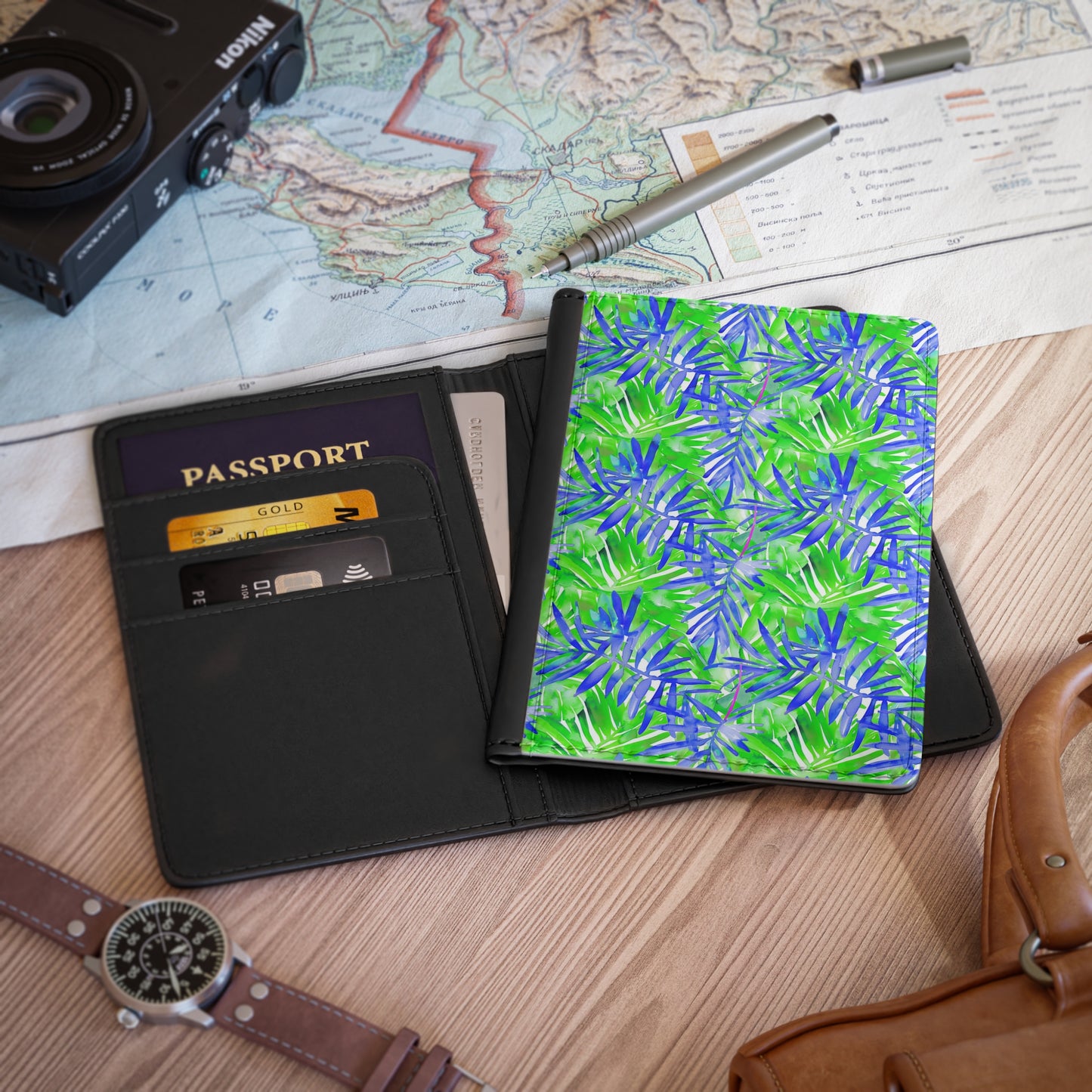 Tropical Harmony Blue and Green Palm Tree Leaves  - Passport Cover Faux Leather RFID Blocking