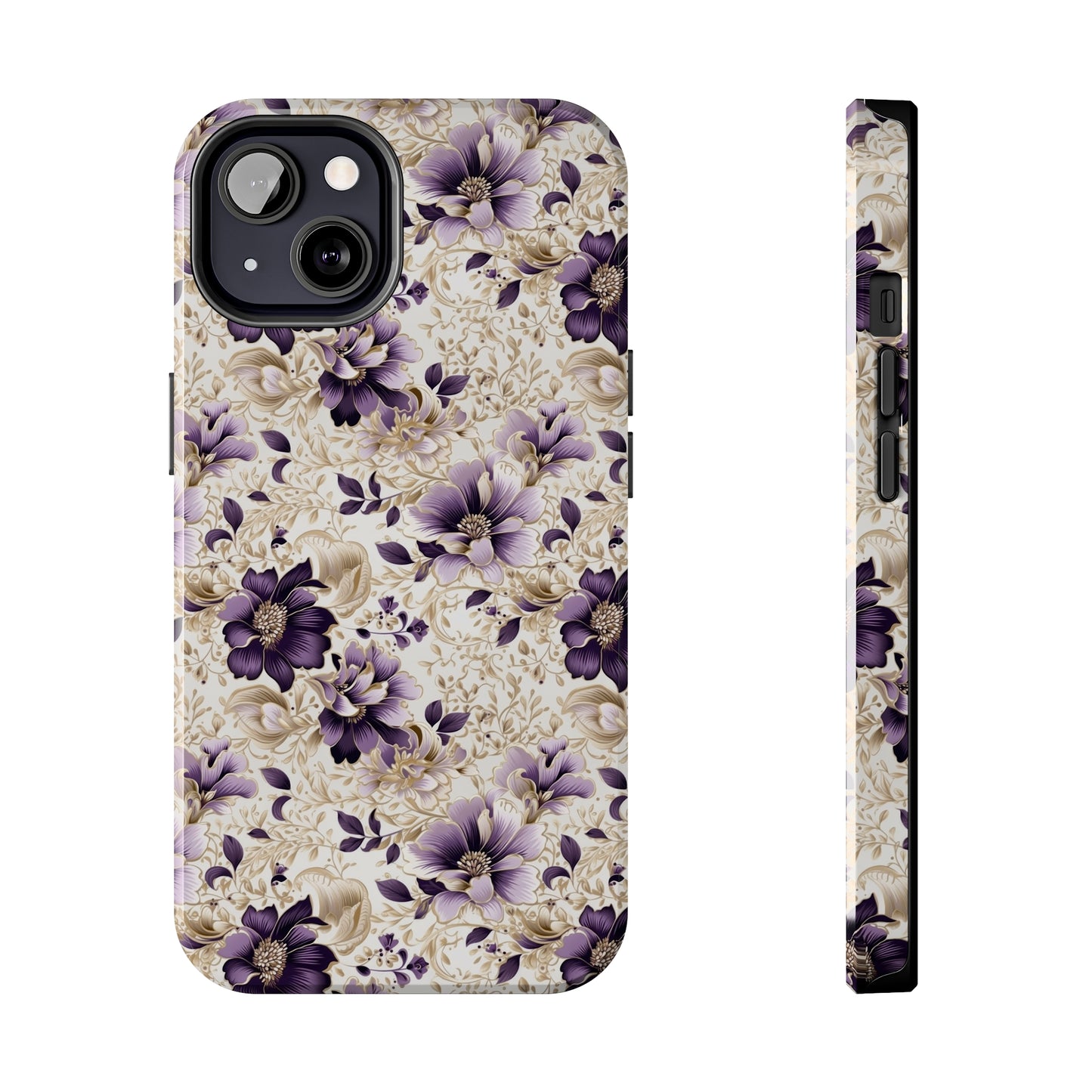 Purple Majesty: Watercolor Floral Design with Gold Foliage Accents Iphone Tough Phone Case