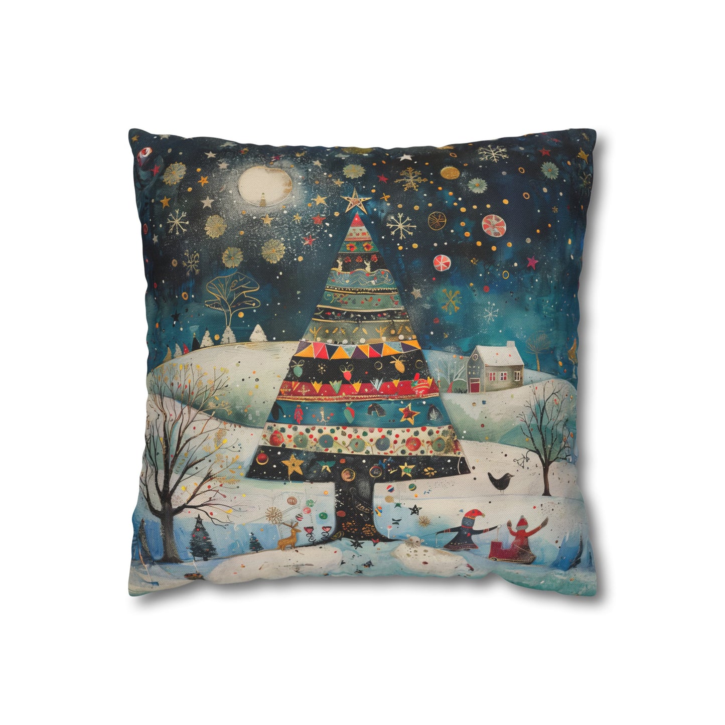 Nighttime Delights: Folk Art Christmas Tree Illuminating a Town, with Joyful Children Playing Below Spun Polyester Square Pillowcase 4 Sizes