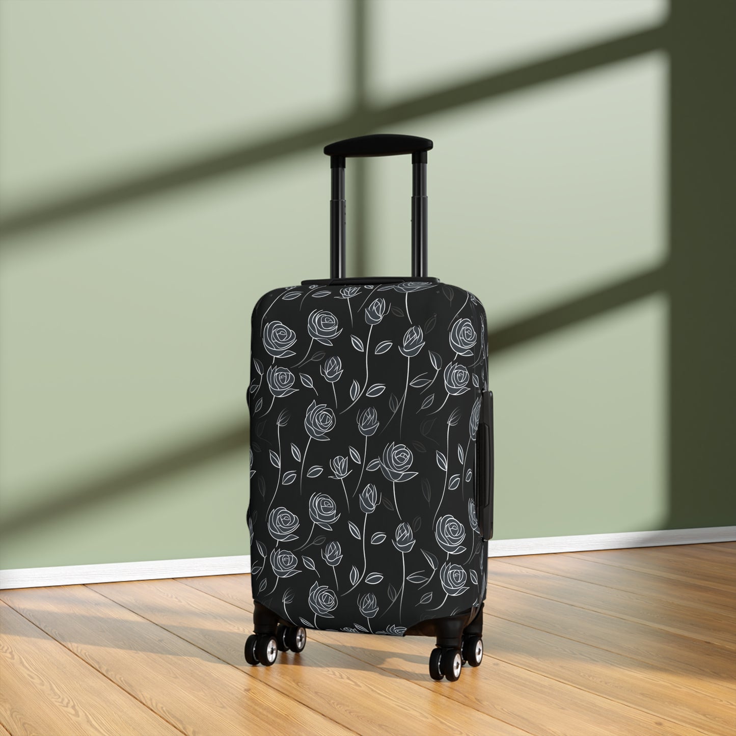 Contrasting Elegance: White Outlined Roses on a Black Background  - Luggage Protector and Cover 3 Sizes