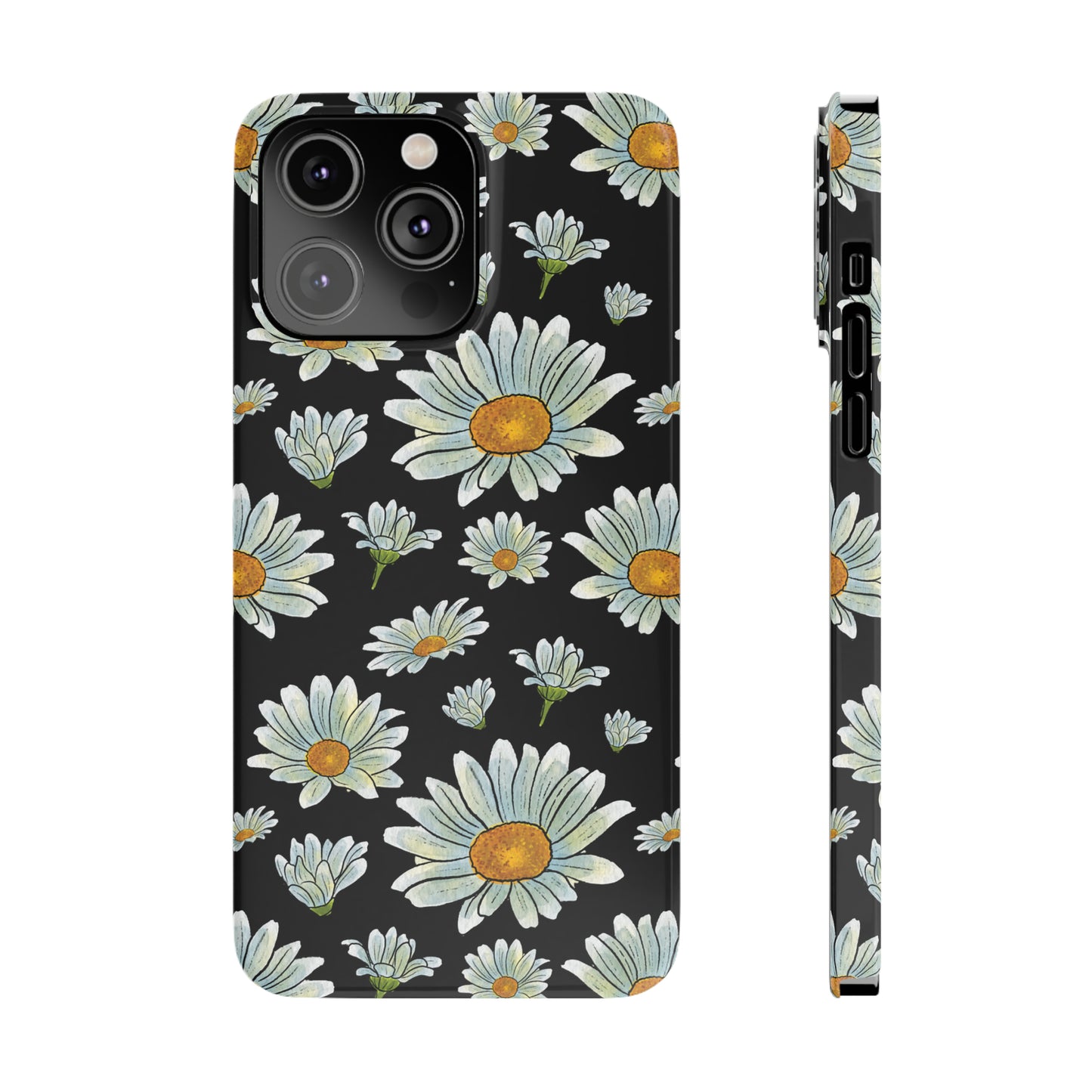 Large Watercolor Summer Daisies Blooming Against a Bold Black Background Iphone 15-12 Slim Phone Case