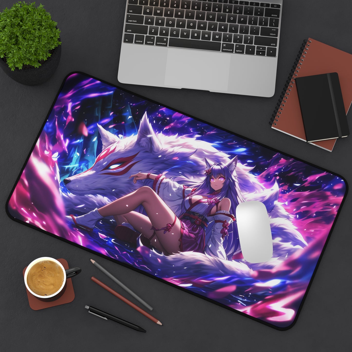 Anime Kitsune Fox Girl Mousepad, Spirit Wolf, Desk Mat, Extra Large Mousepad, Gaming Desk Mat, Desktop Accessory