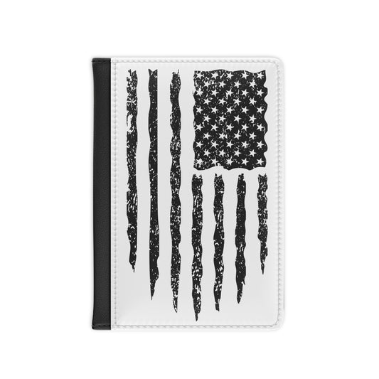 Distressed American Flag in Black on White - Passport Cover Faux Leather RFID Blocking