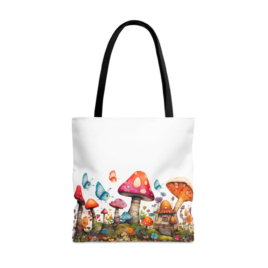 Enchanting Mushroom Cottage Adorned with Butterflies and Toadstools  - Canvas Tote 3 Sizes