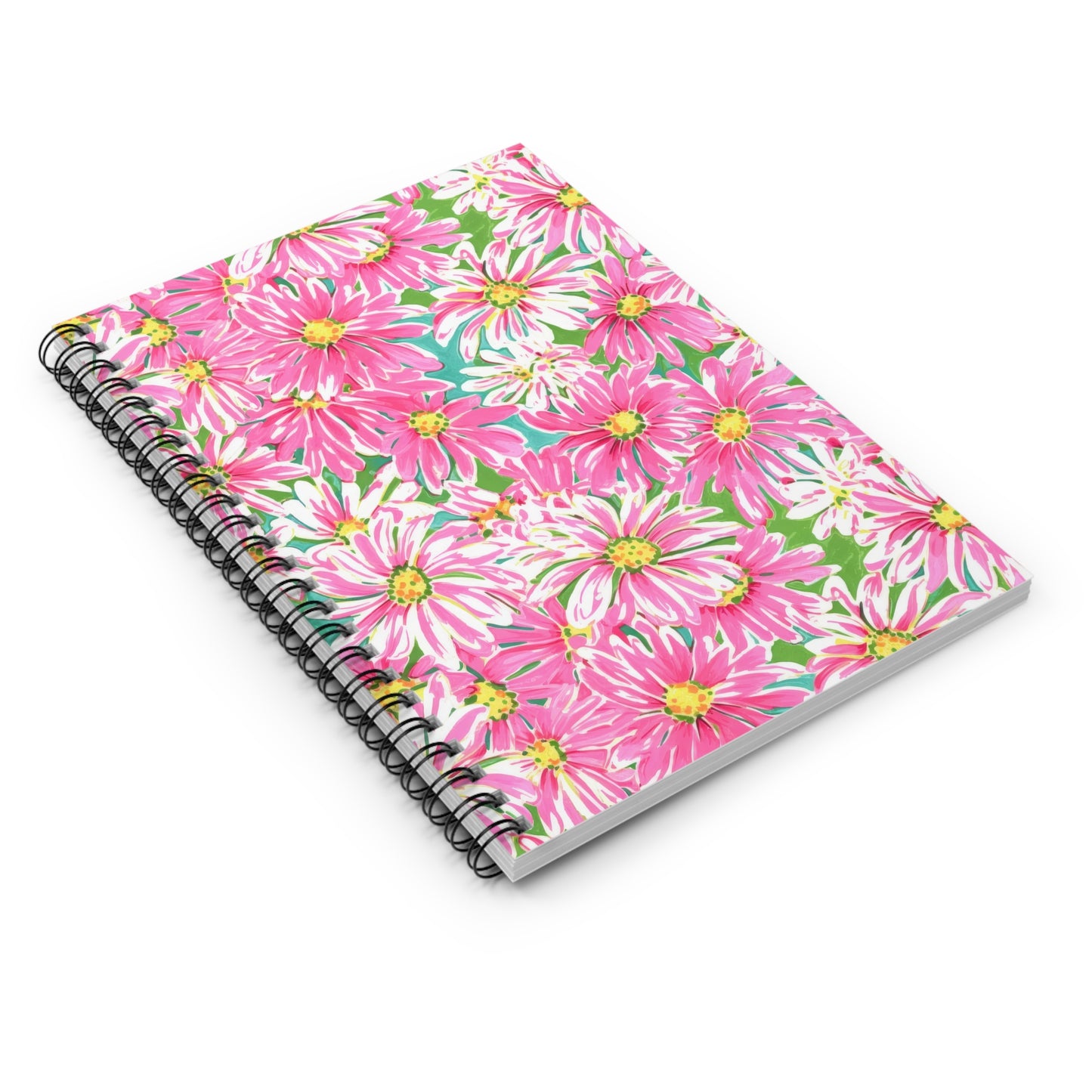 Spring's Whisper: Watercolor Pink Daisies Dancing on a Lush Green Stage Spiral Ruled Line Notebook