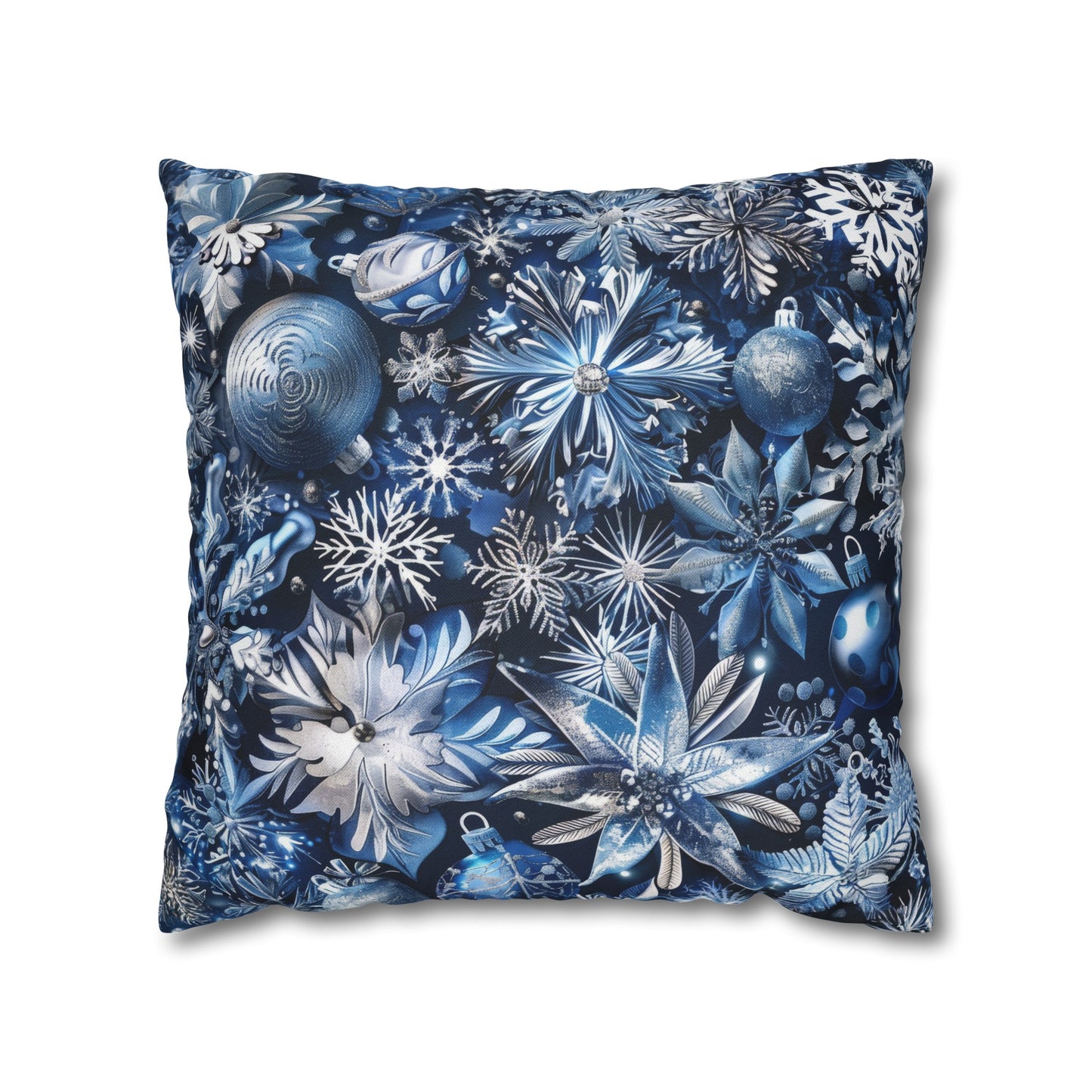 Winter Wonderland Festive Blue and Silver Snowflakes and Ornaments Spun Polyester Square Pillowcase 4 Sizes