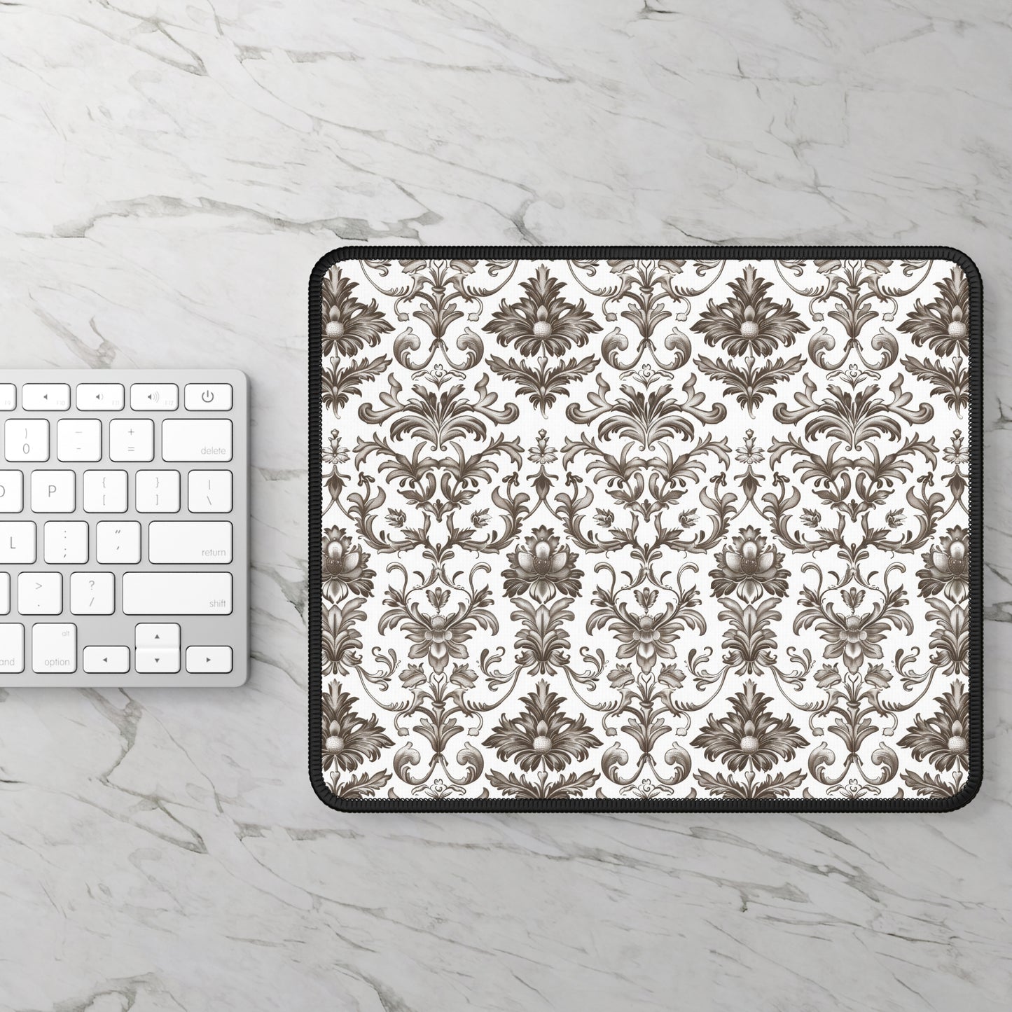 Timeless Rococo Elegance in Detailed Brown and White Floral Pattern Mouse Pad with Finished Edges