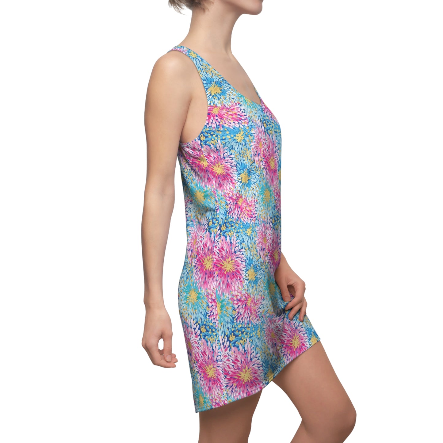 Pastel Harmony: Watercolor Chrysanthemums in Pink, Blue, and Yellow Women's Racerback Dress XS - 2XL