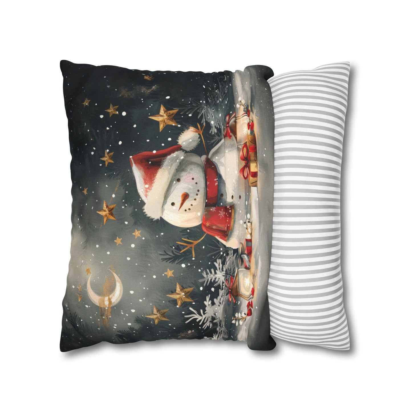 Snowman Beneath a Canopy of Stars, Surrounded by Presents Spun Polyester Square Pillowcase 4 Sizes