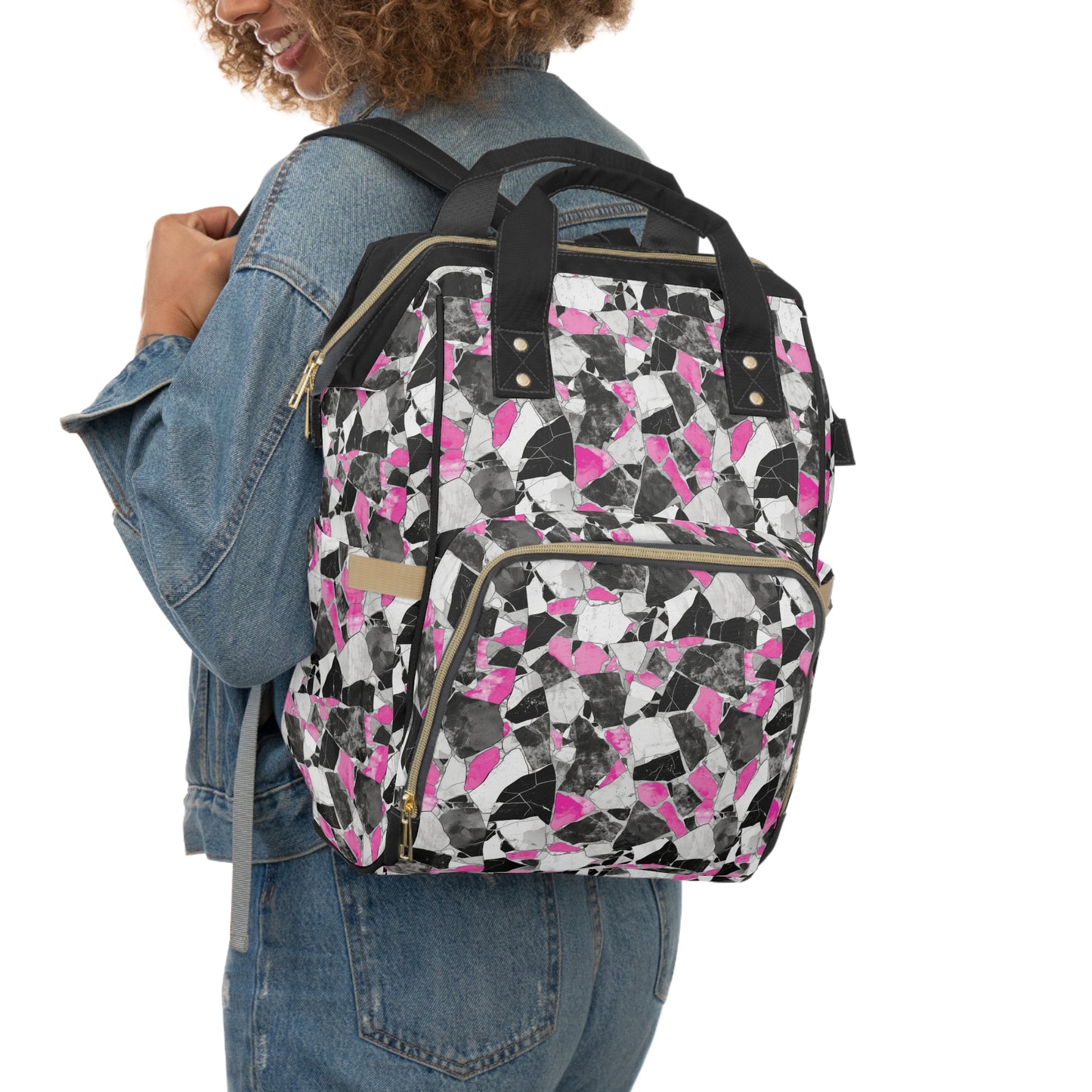 Chic Pink and Gray Mosaic Design Multifunctional Diaper Backpack