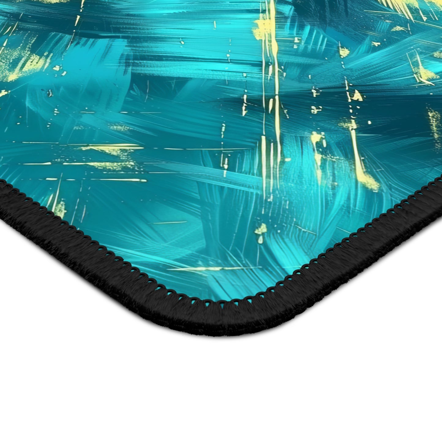 Vibrant Teal and Gold Abstract Brushstroke Pattern Mouse Pad with Finished Edges