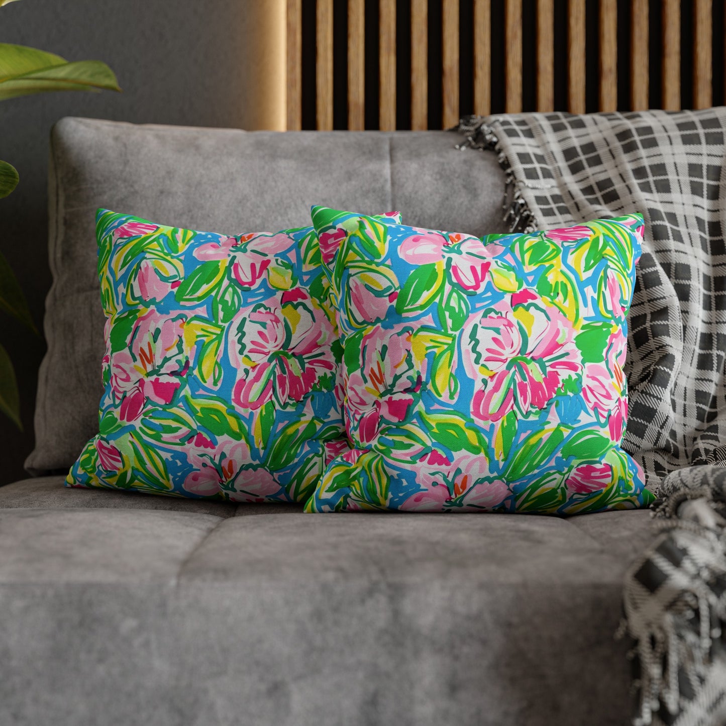 Whispering Meadows: Pink Blossoms, Lush Green Leaves, and Accents of Yellow and Blue Spun Polyester Square Pillowcase 4 Sizes