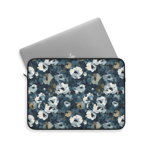 Chic and Artistic Floral Blooms in Shades of Navy, Gray, and Soft Gold Pattern Laptop or Ipad Protective Sleeve 3 Sizes Available