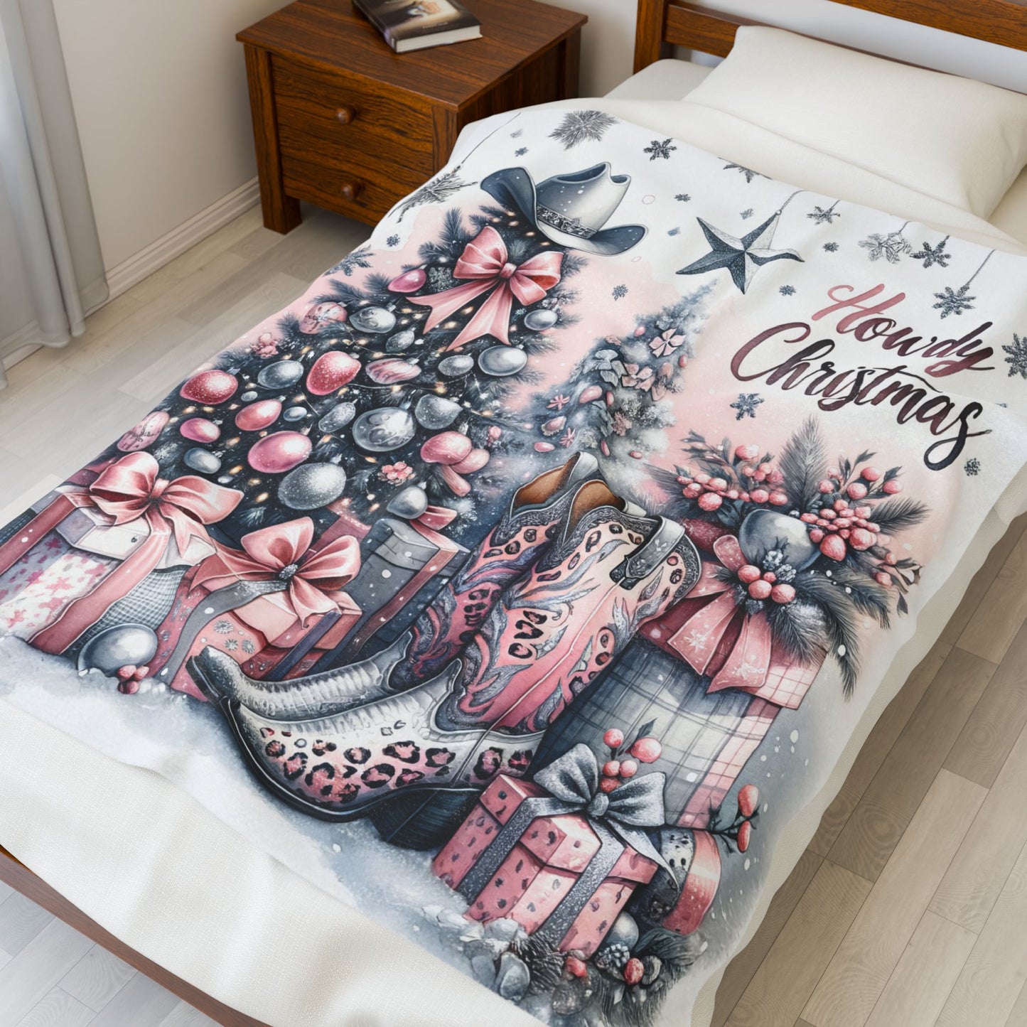 Country Western Howdy Christmas Pink Sparkle Velveteen Plush Blanket 3 Sizes