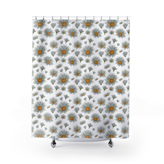 Large Watercolor Summer Daisies Blooming Against a White Background  Bathroom Shower Curtain   71" × 74"