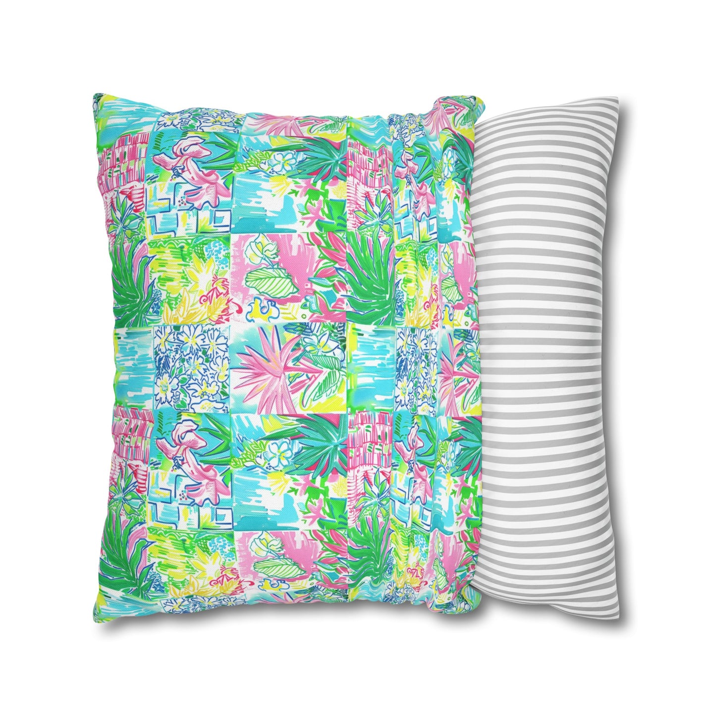 Whimsical Palm Trees and Flowers in Vibrant Pink, Teal, and Green Collage Spun Polyester Square Pillowcase 4 Sizes