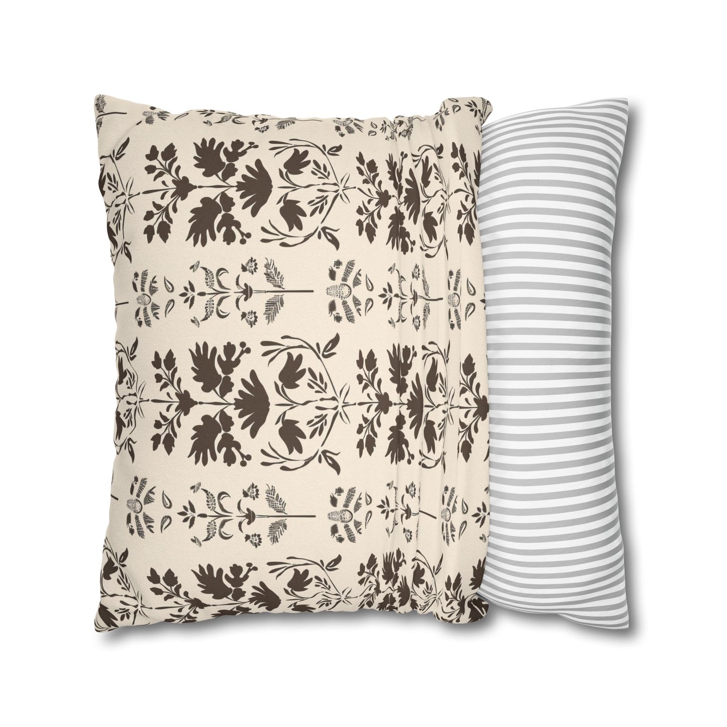 Early American Stencil-Inspired Beige and Brown Floral Pattern Spun Polyester Square Pillowcase 4 Sizes