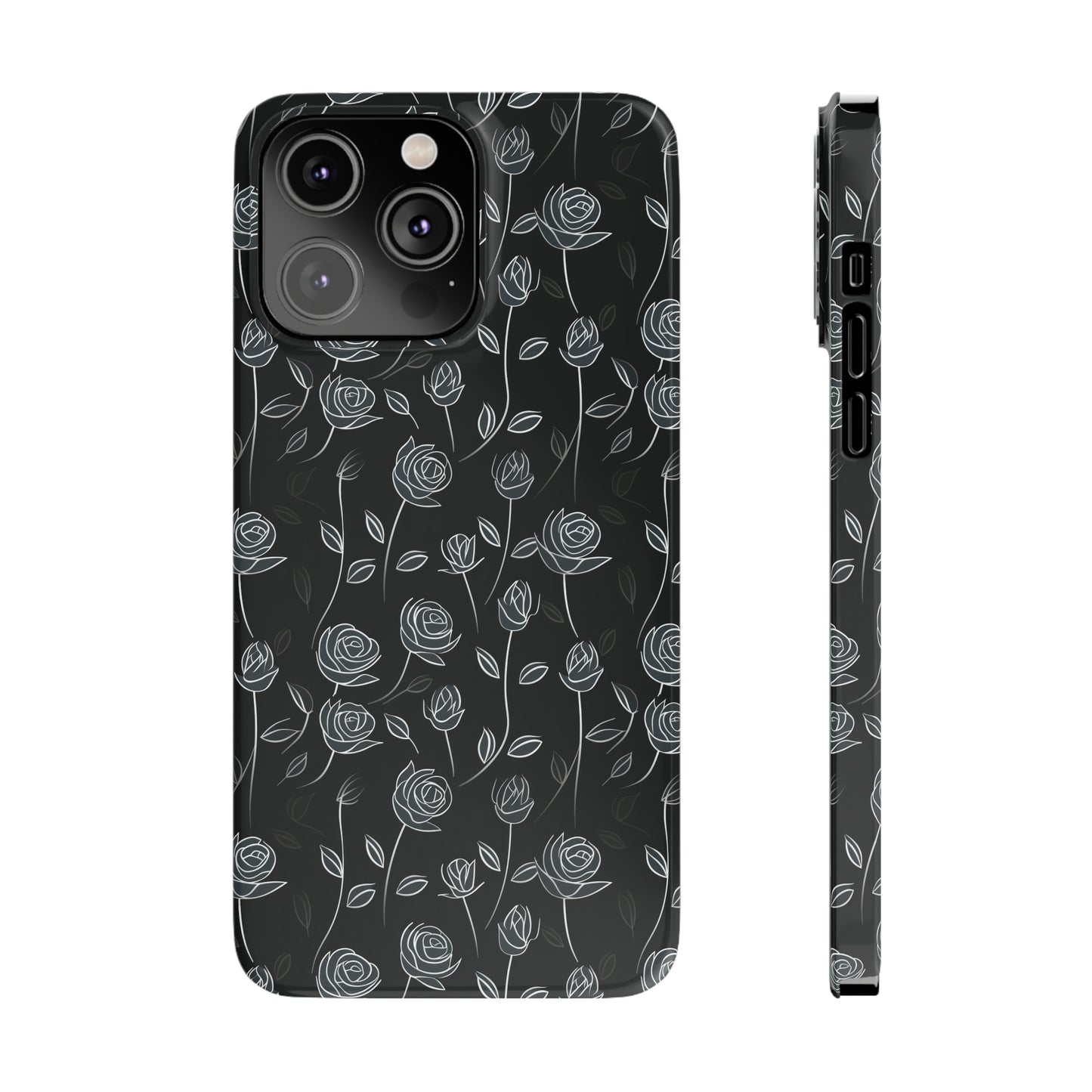 Contrasting Elegance: White Outlined Roses on a Black Background Iphone 15-12 Slim Phone Case