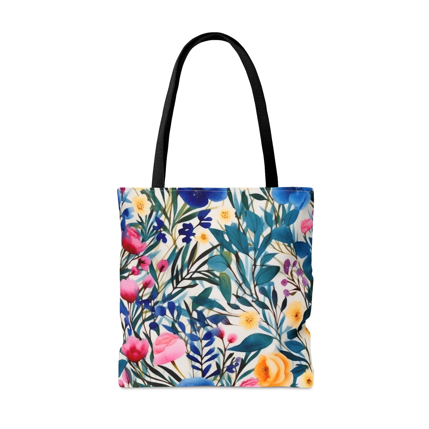 Blooming Brilliance: Large Watercolor Floral Design in Blue, Yellow, and Pink  - Canvas Tote 3 Sizes