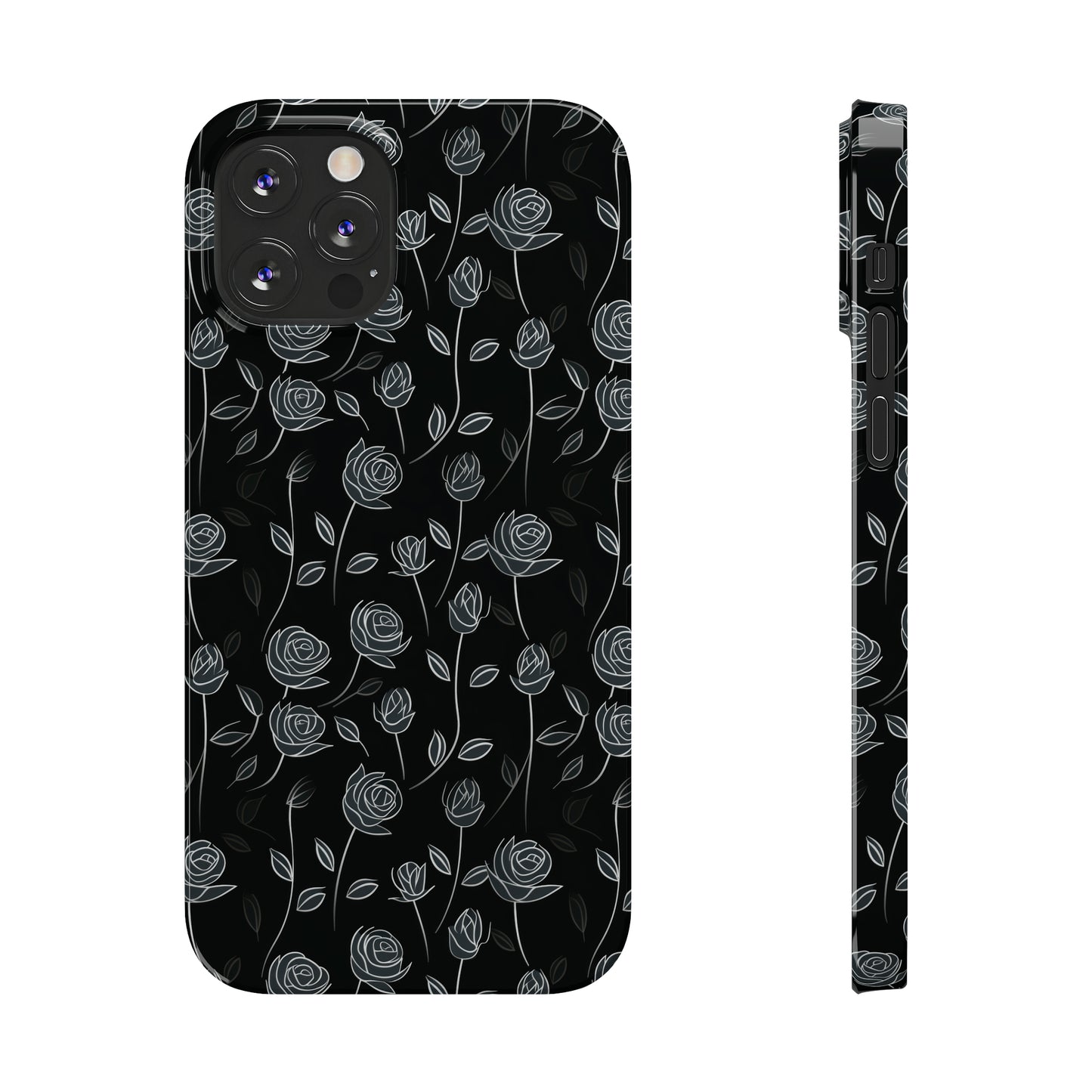 Contrasting Elegance: White Outlined Roses on a Black Background Iphone 15-12 Slim Phone Case