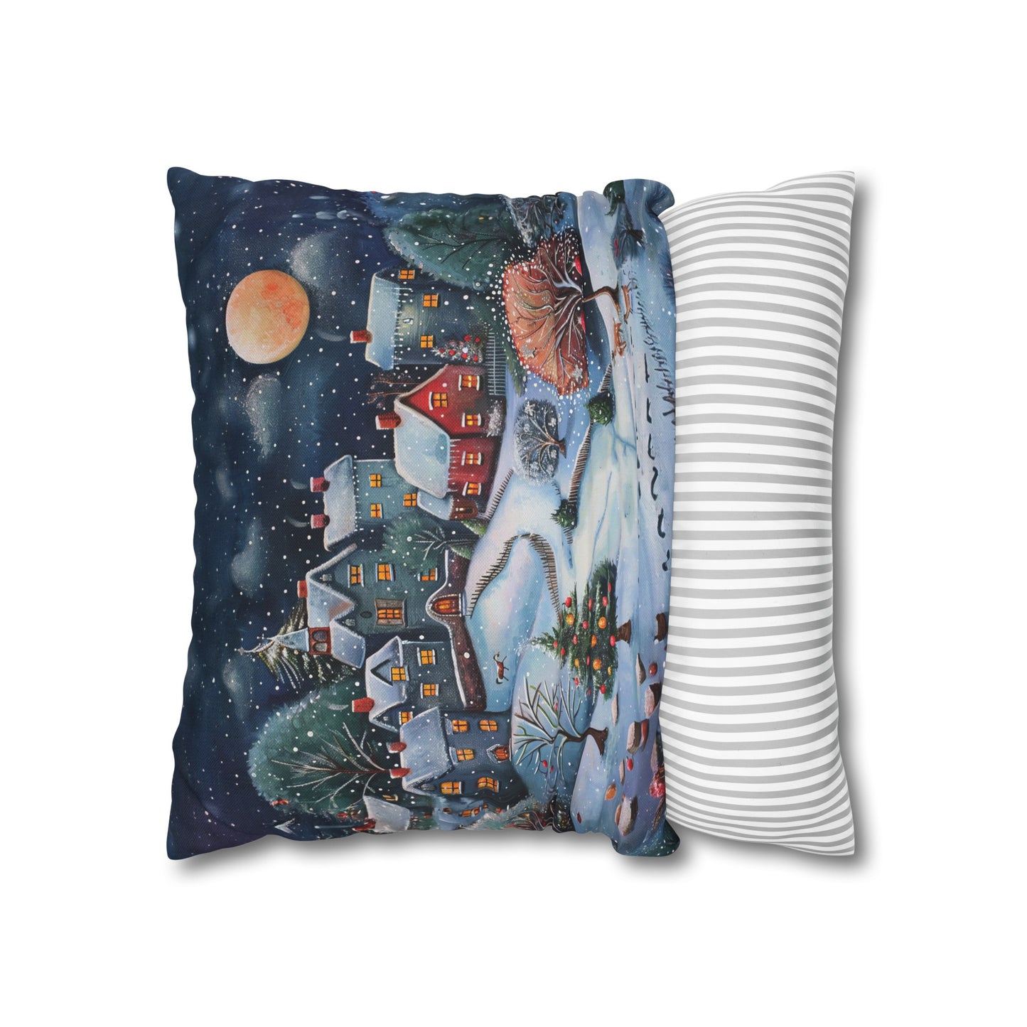 Snowy Serenade: Town at Winter Night with Reindeer Amidst the Snow  Spun Polyester Square Pillowcase 4 Sizes