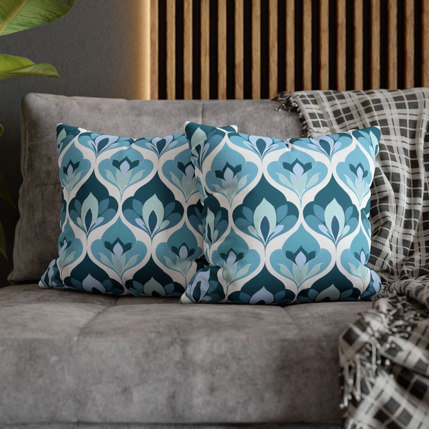 Serene Leaf Motifs Cascading in Cool Hues of Oceanic Blues Spun Polyester Square Pillowcase 4 Sizes