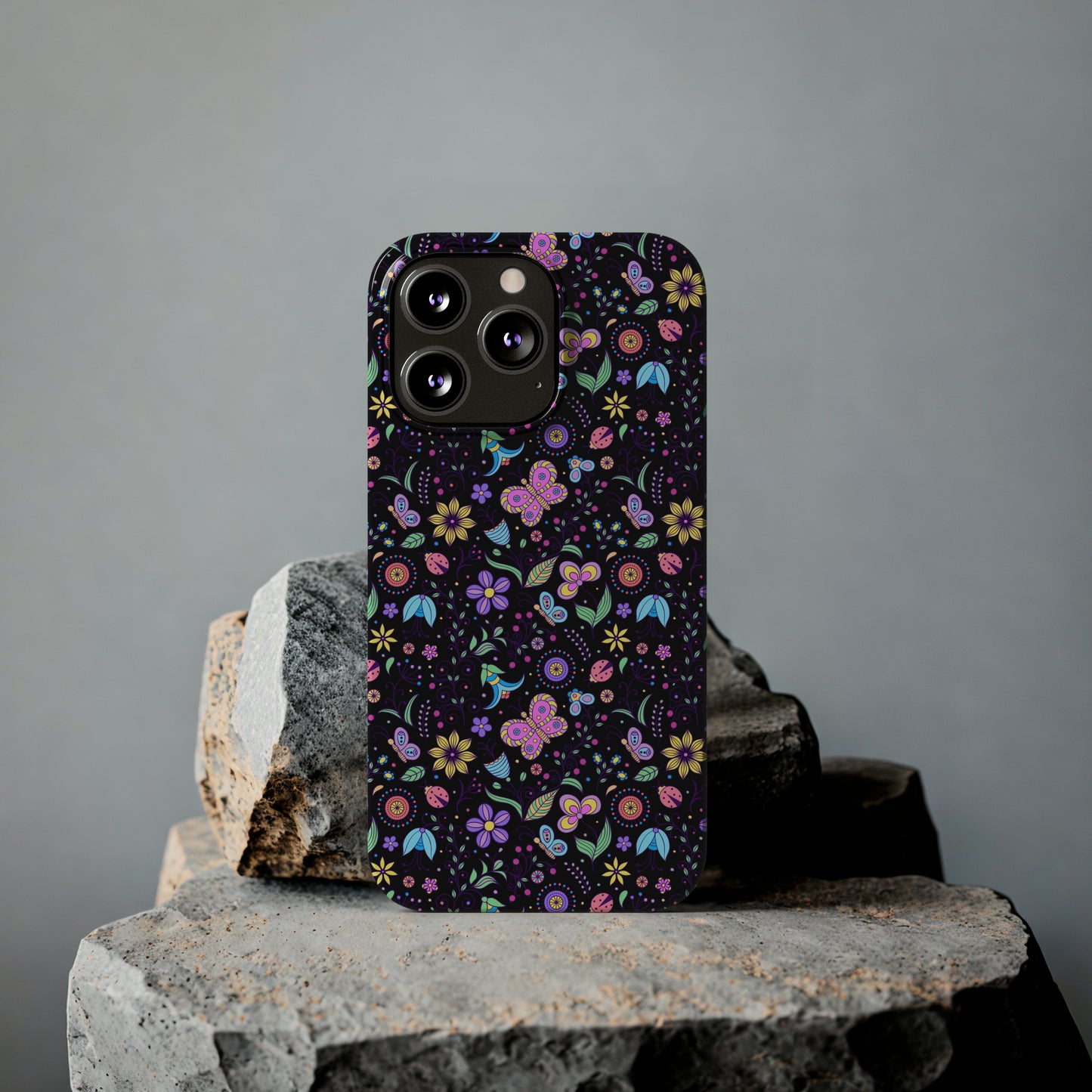 Butterflies and Flowers Black Background Iphone 15-12 Slim Phone Case