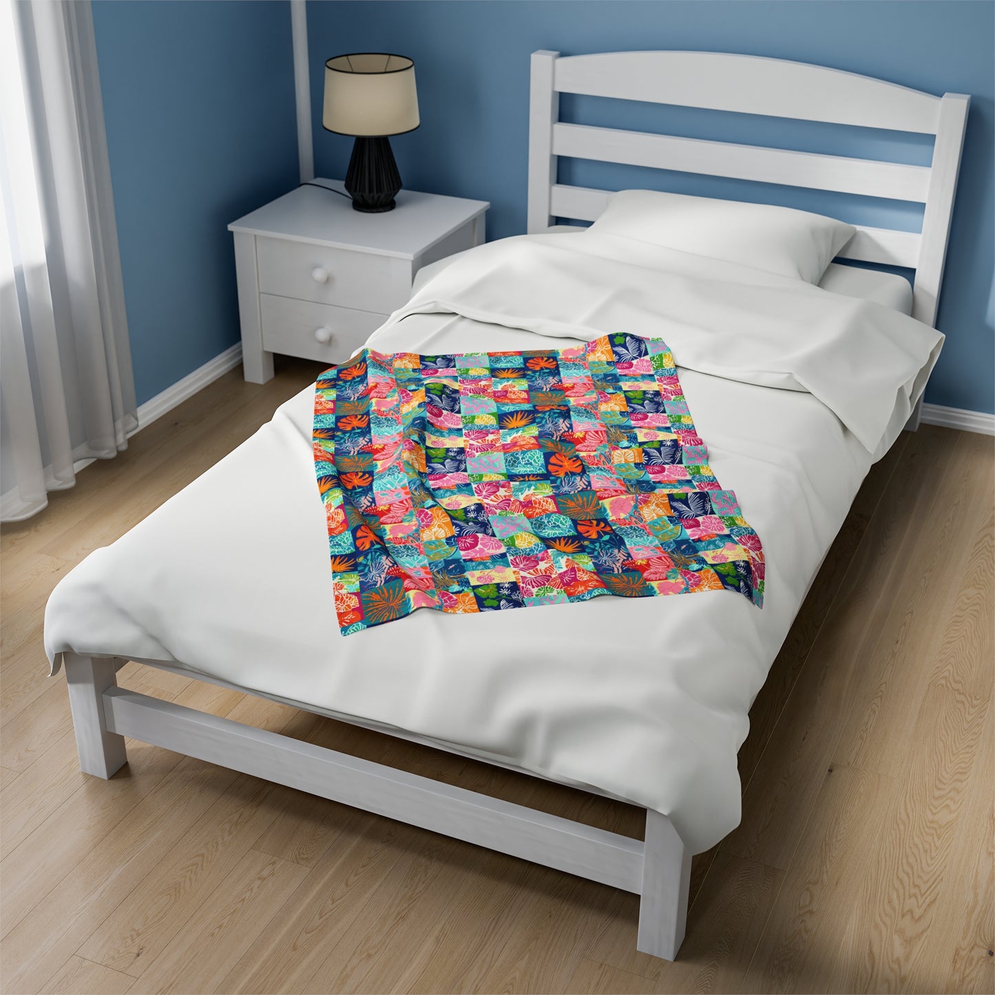 Vibrant Mosaic of Tropical Unique Shapes and Hues, from Vivid Oranges to Deep Blue Leaves and Flowers Velveteen Plush Blanket 3 Sizes