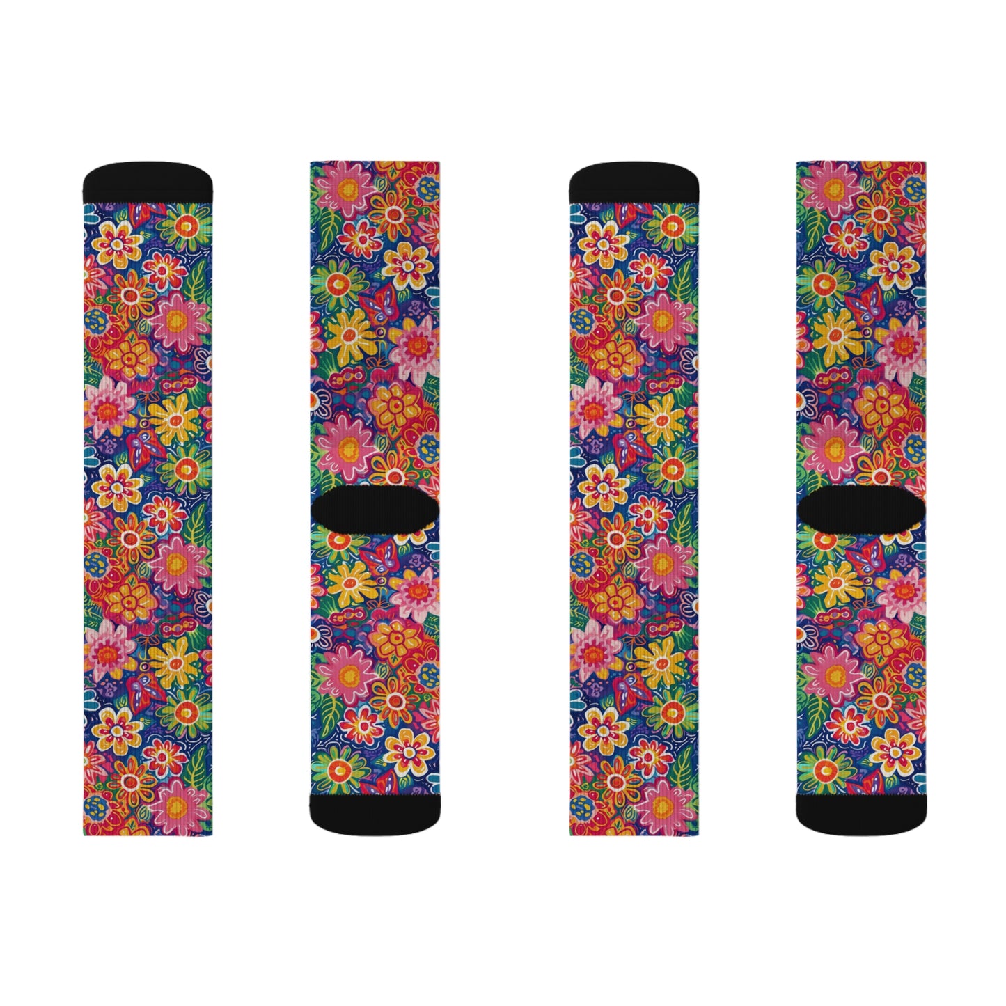 Fluttering Kaleidoscope: Vibrant Multicolor Flowers and Butterflies in Flight Ribbed Crew Socks