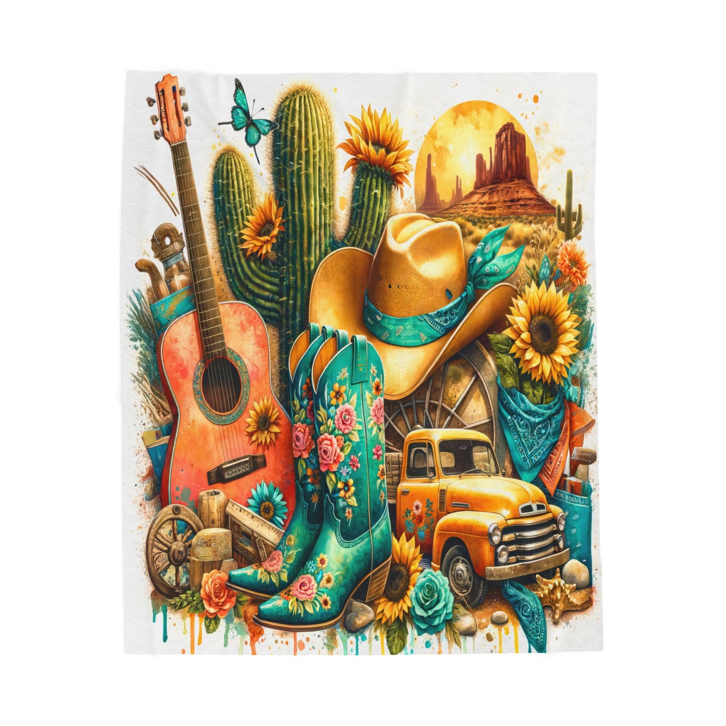 Western Music Rustic Southwestern Country Spring Print Velveteen Plush Blanket 3 Sizes