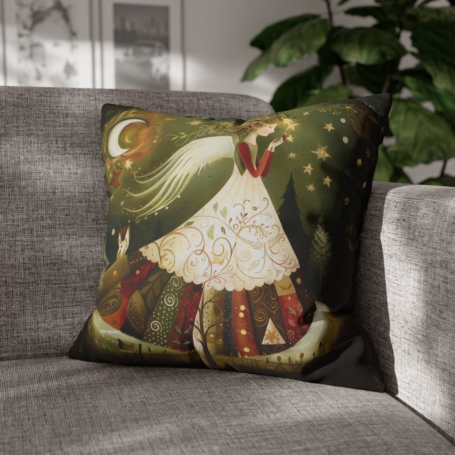 Christmas Angel in Tapestry Dress Amidst a Starlit Forest Spun Polyester Square Pillowcase 4 Sizes