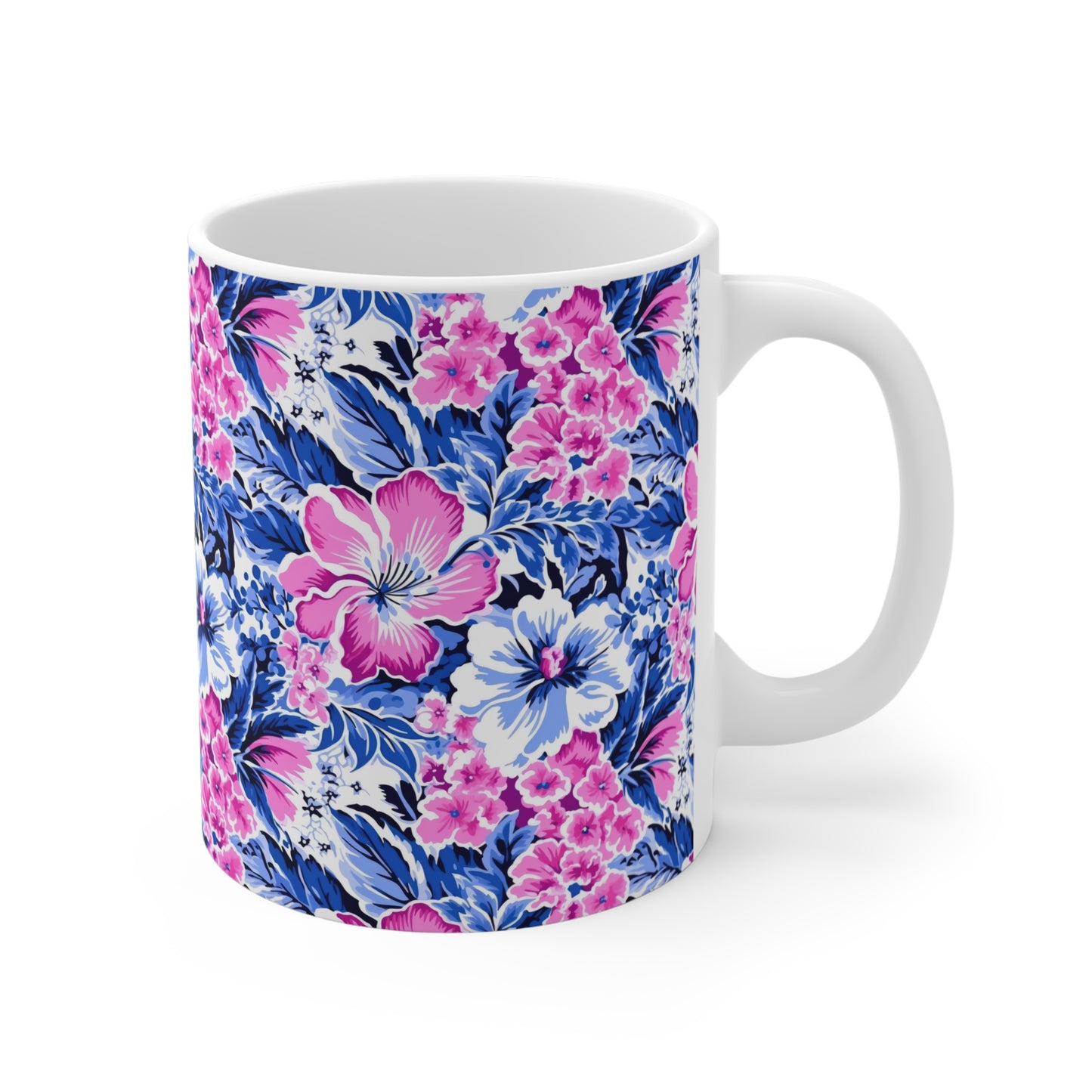 Bright Blooms: Pink and Blue Watercolor Hibiscus in Vivid Splendor Coffee Mug 11oz