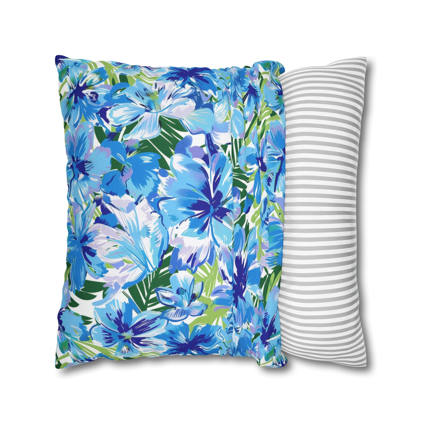 Azure Bloom Oasis: Bright Blue Large Flowers with Lush Green Palm Leaves Spun Polyester Square Pillowcase 4 Sizes