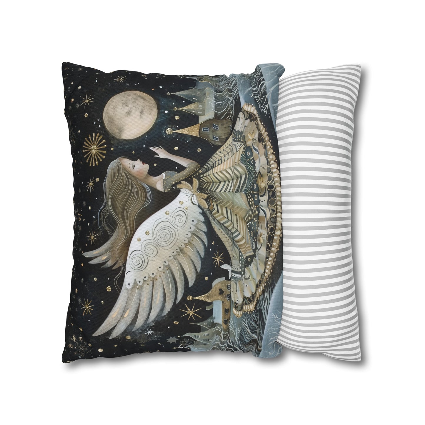 Frosty Angelic Glow: Angel Illuminated by Moonlight on a Snowy Night Spun Polyester Square Pillowcase 4 Sizes