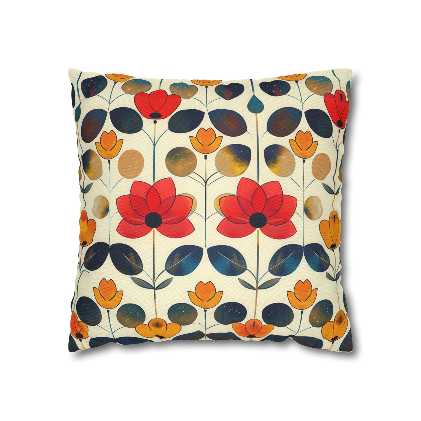 Whimsical Yellow, Red, and Blue Flower Design Spun Polyester Square Pillowcase 4 Sizes