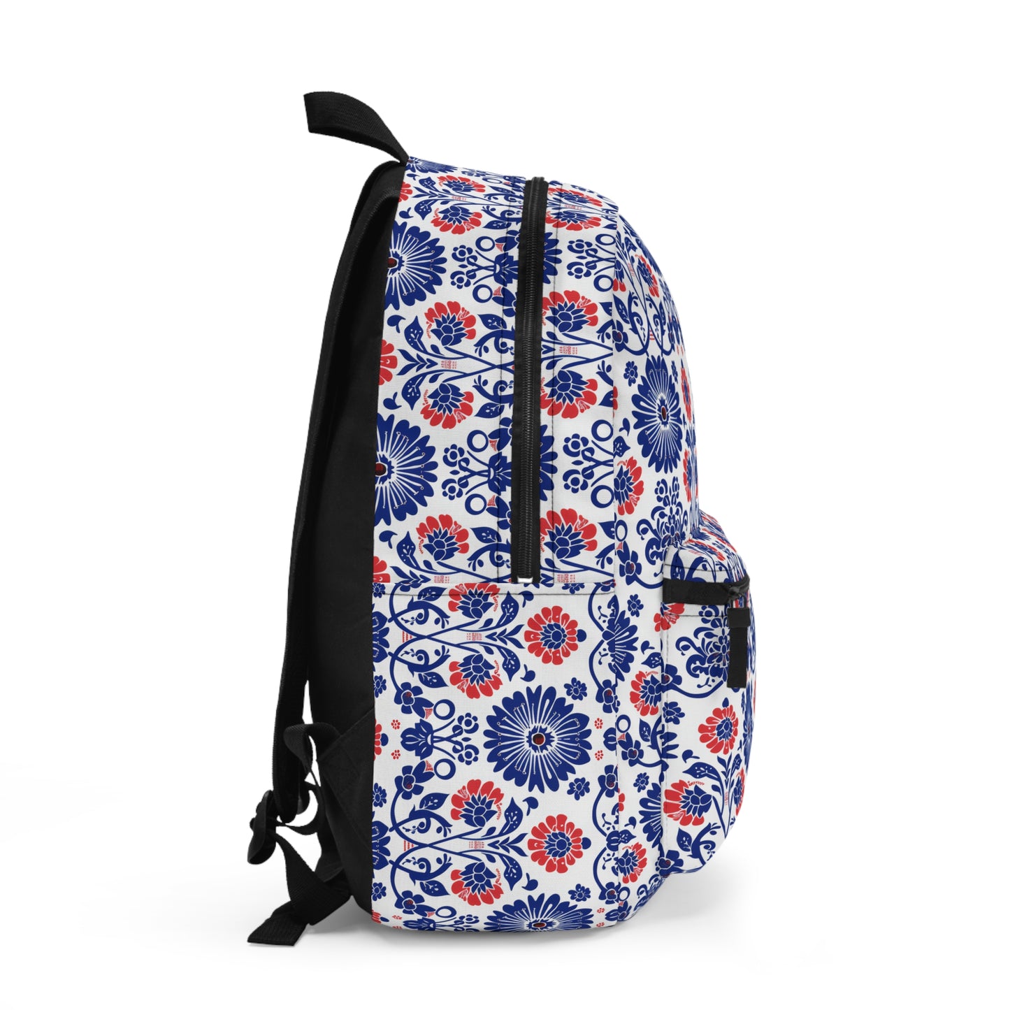 Charming Folk Blooms in Classic Polish Pottery Inspired Floral Pattern in Blue and Red Lightweight Stylish Durable Backpack (Made in USA)