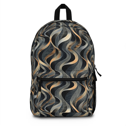 Artistic Fusion of Wavy Lines in a Palette of Silver, Gold, and Dark Hues Lightweight Stylish Durable Backpack (Made in USA)