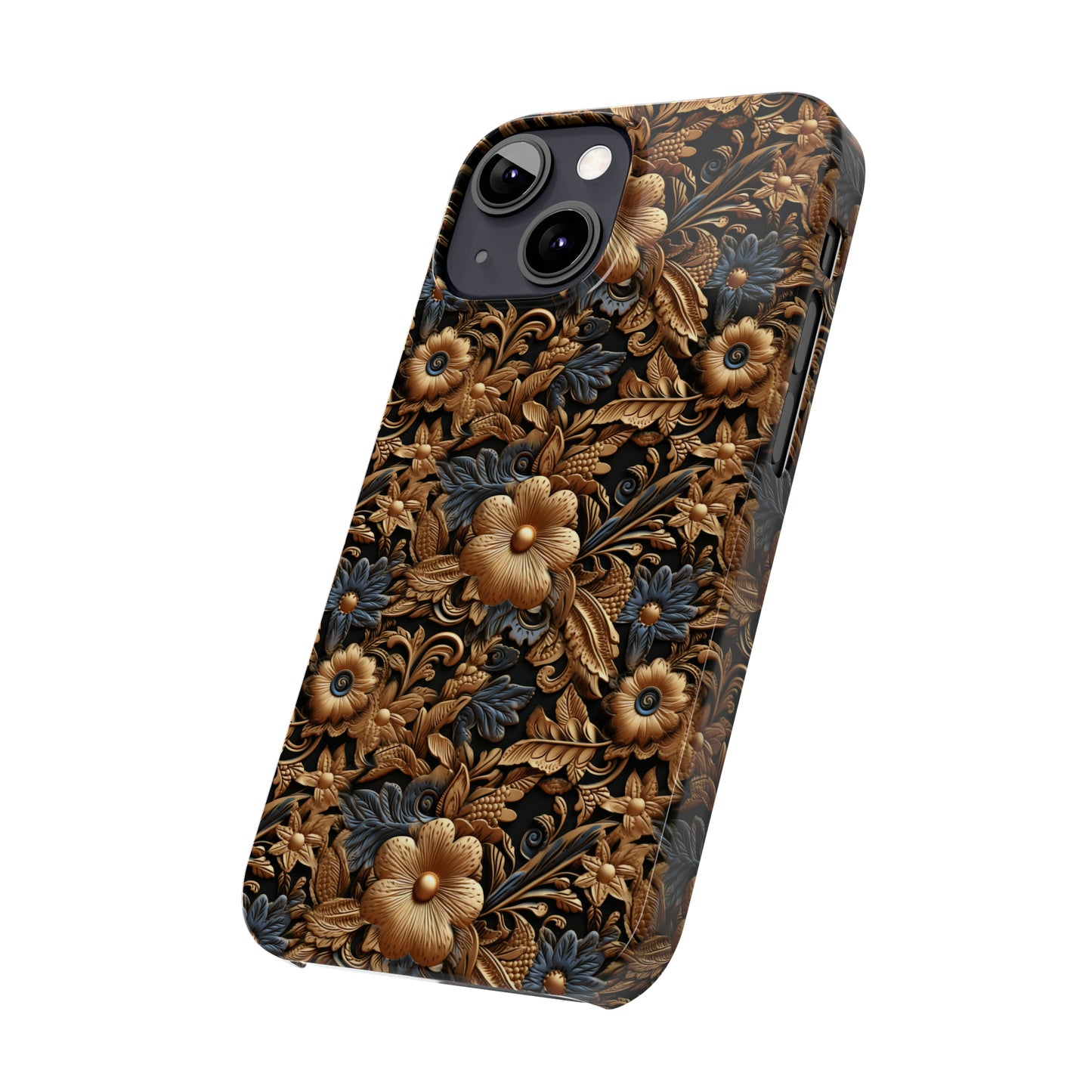 Tooled Leather Gold Flowers with Blue Leaves Accent Print Design Iphone 15-12 Slim Phone Case