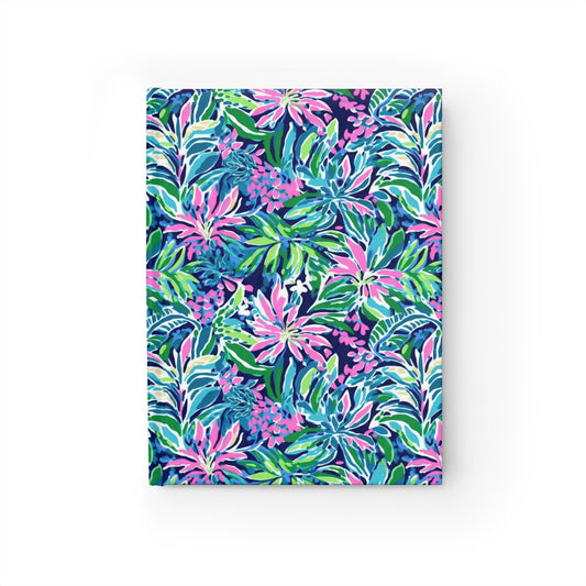 Seaside Blossoms: Coastal Spring Flowers in Pink, Green, and Navy Watercolors Hardcover Ruled Line Journal