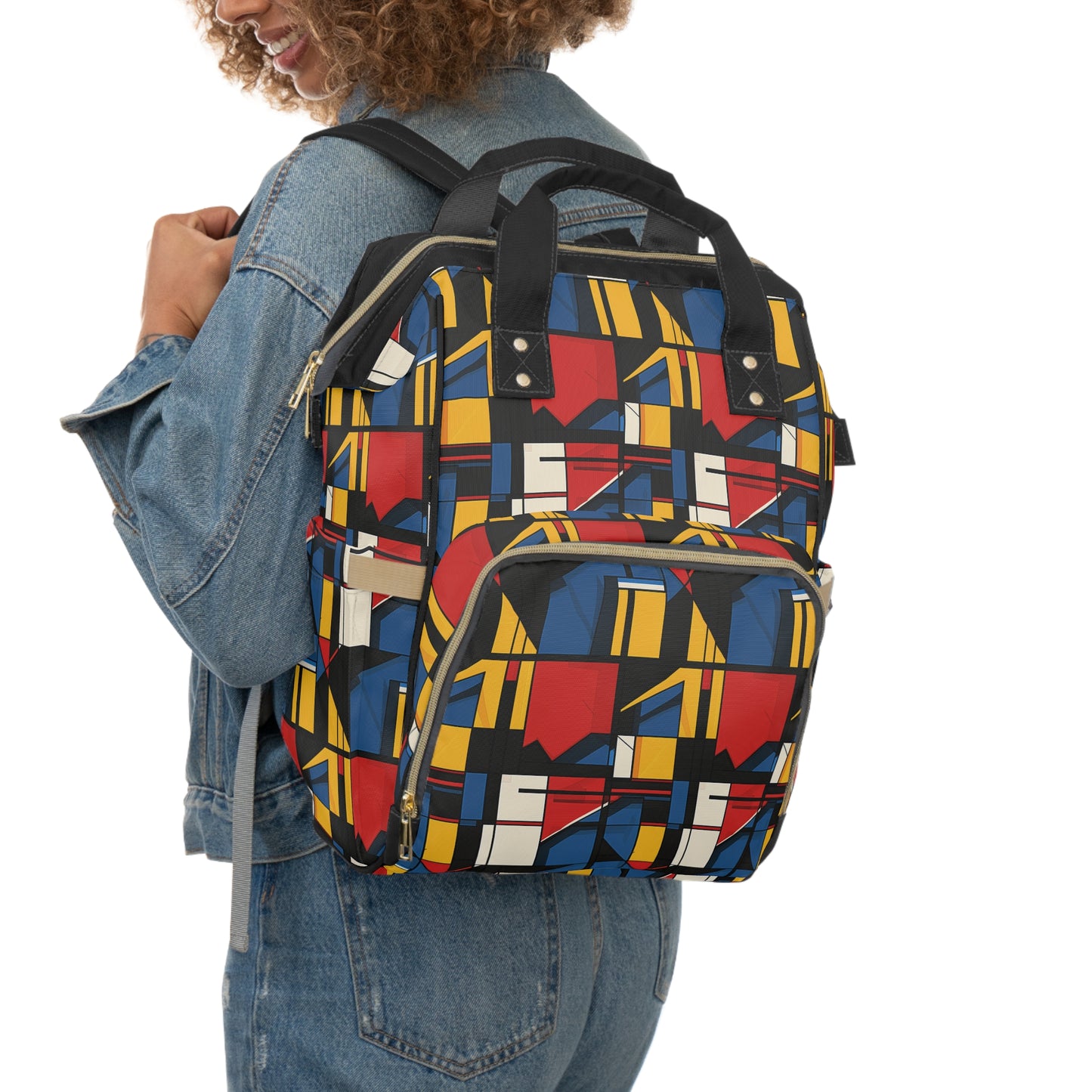 Mondrian-Inspired Bold Primary Colors and Black Lines Abstract Multifunctional Diaper Backpack