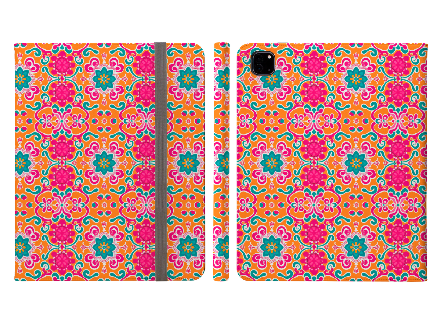 Kaleidoscope of Warm Tangerine, Lush Teal, and Lively Pink Blooms Protective iPad Pro 11 & Pro 12.9 Protective Case and Pencil Holder