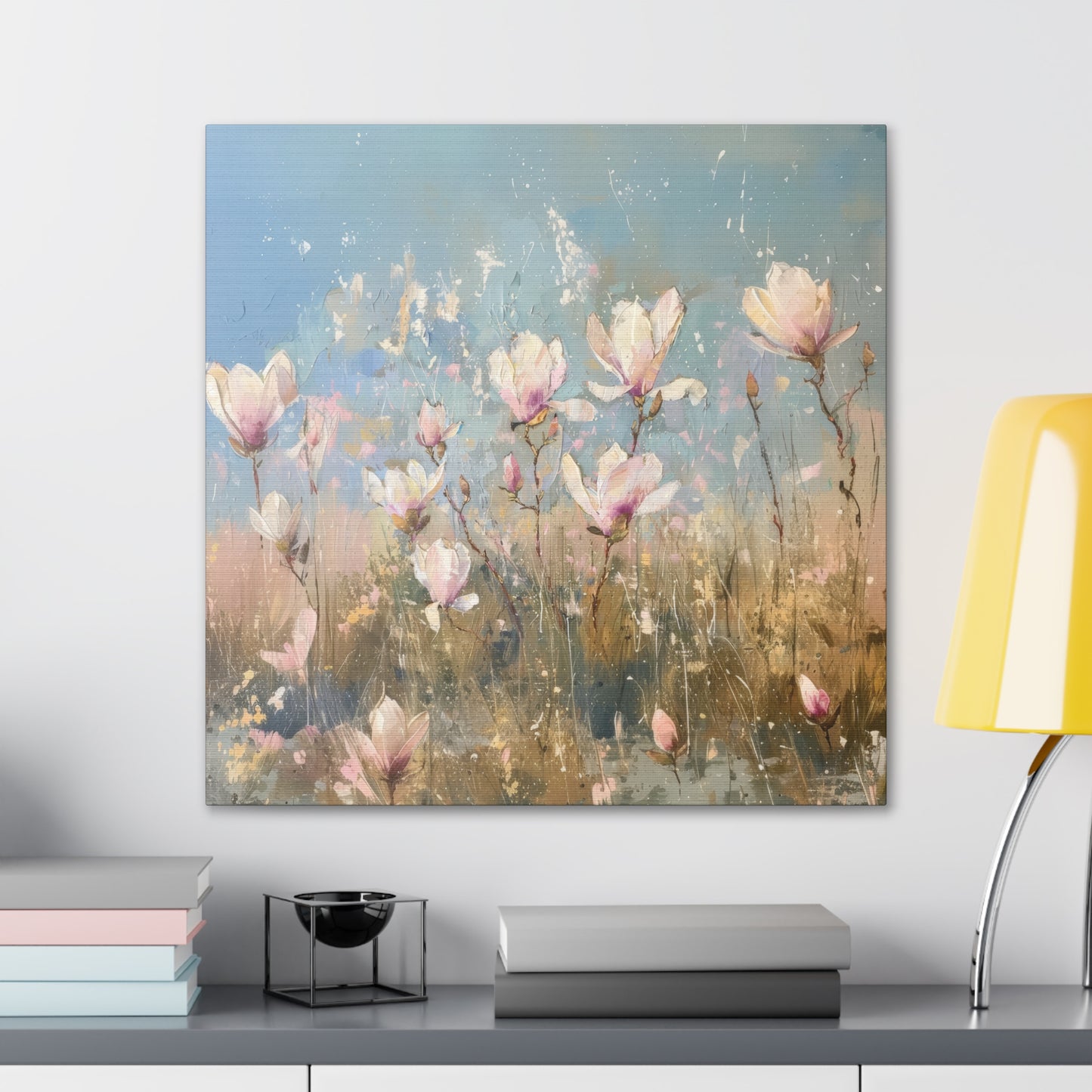 Gentle Spring Serenity: Soft White and Pink Wildflowers Blooming in a Sunlit Field Print on Canvas Gallery Wraps  - 5 Sizes