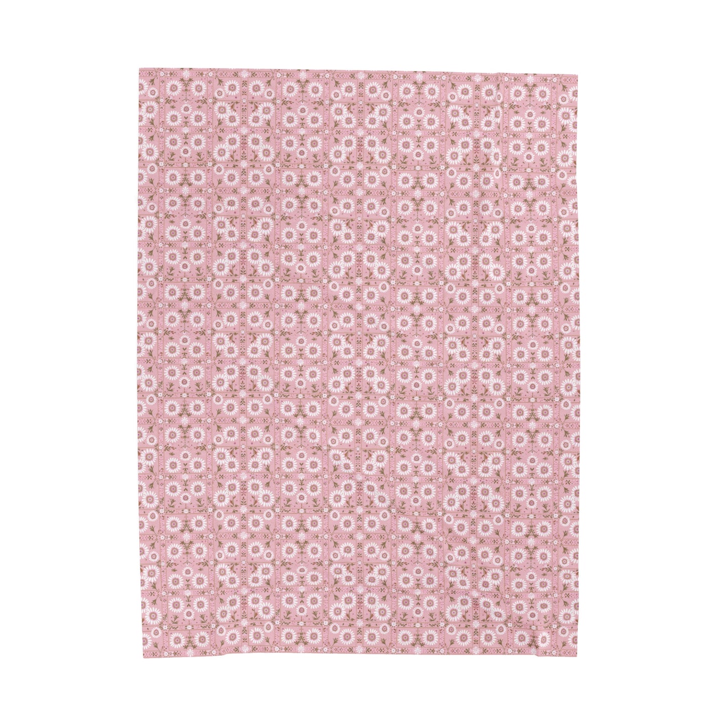 Charming Daisy Pink and White Floral Tile Pattern Velveteen Plush Blanket 3 Sizes