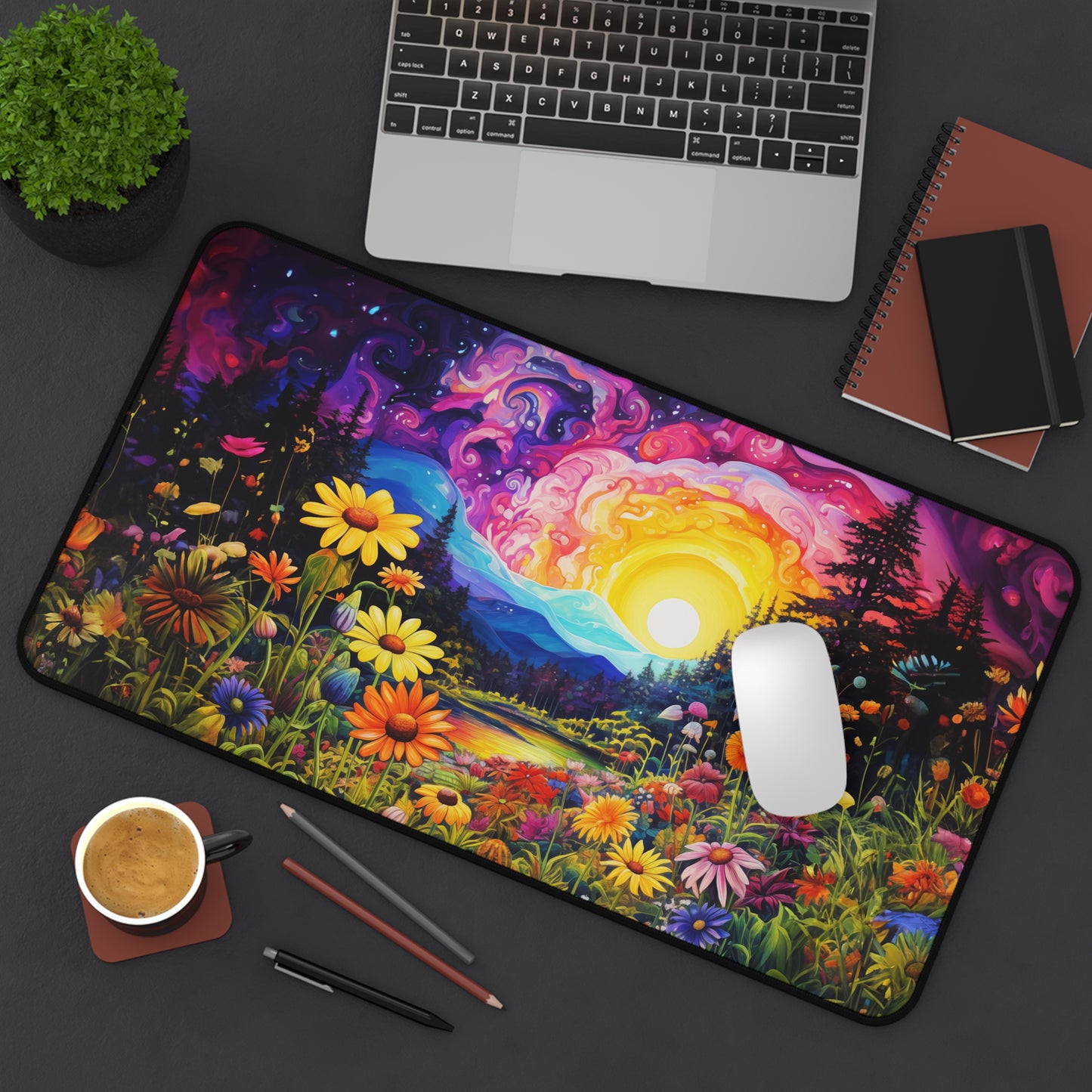 Enchanting Sunrise Over a Whimsical Field of Wildflowers - Desk Mat Extended Gaming Mouse Pad 3 Sizes