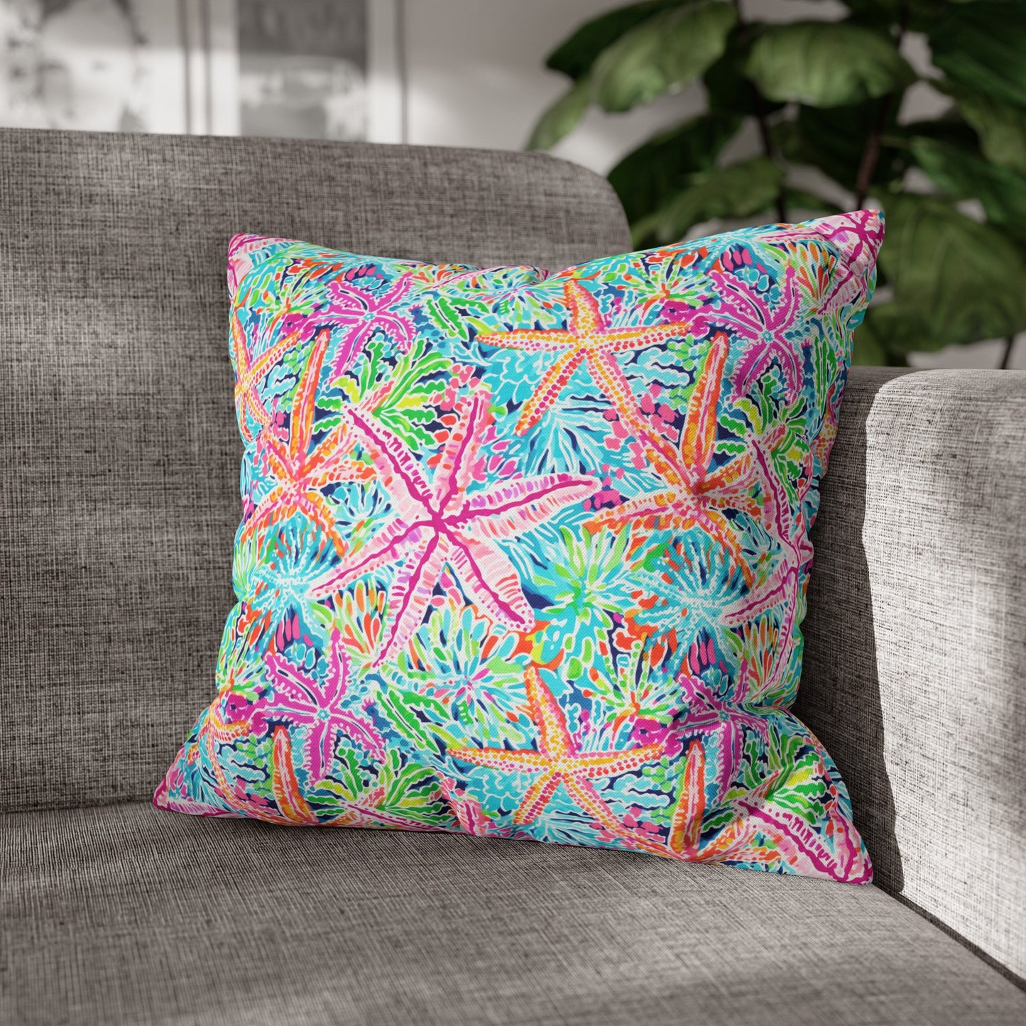 Oceanic Opulence: Vibrant Watercolor Starfish in a Sea of Color Spun Polyester Square Pillowcase 4 Sizes