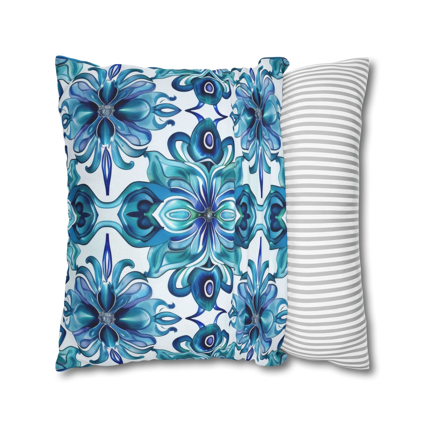 Blossom Symphony of Blue Teal Intricate Floral Pattern Spun Polyester Square Pillowcase 4 Sizes