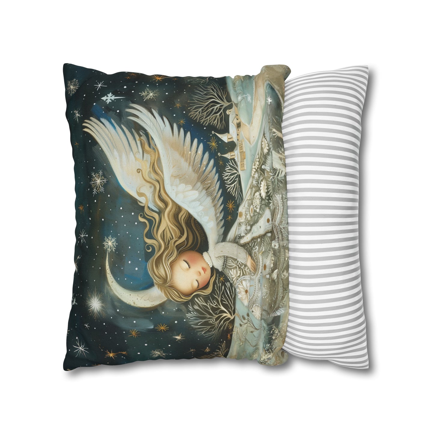 Guardian of Bloom: Young Angel in Floral Dress Amidst a Quaint Village Spun Polyester Square Pillowcase 4 Sizes